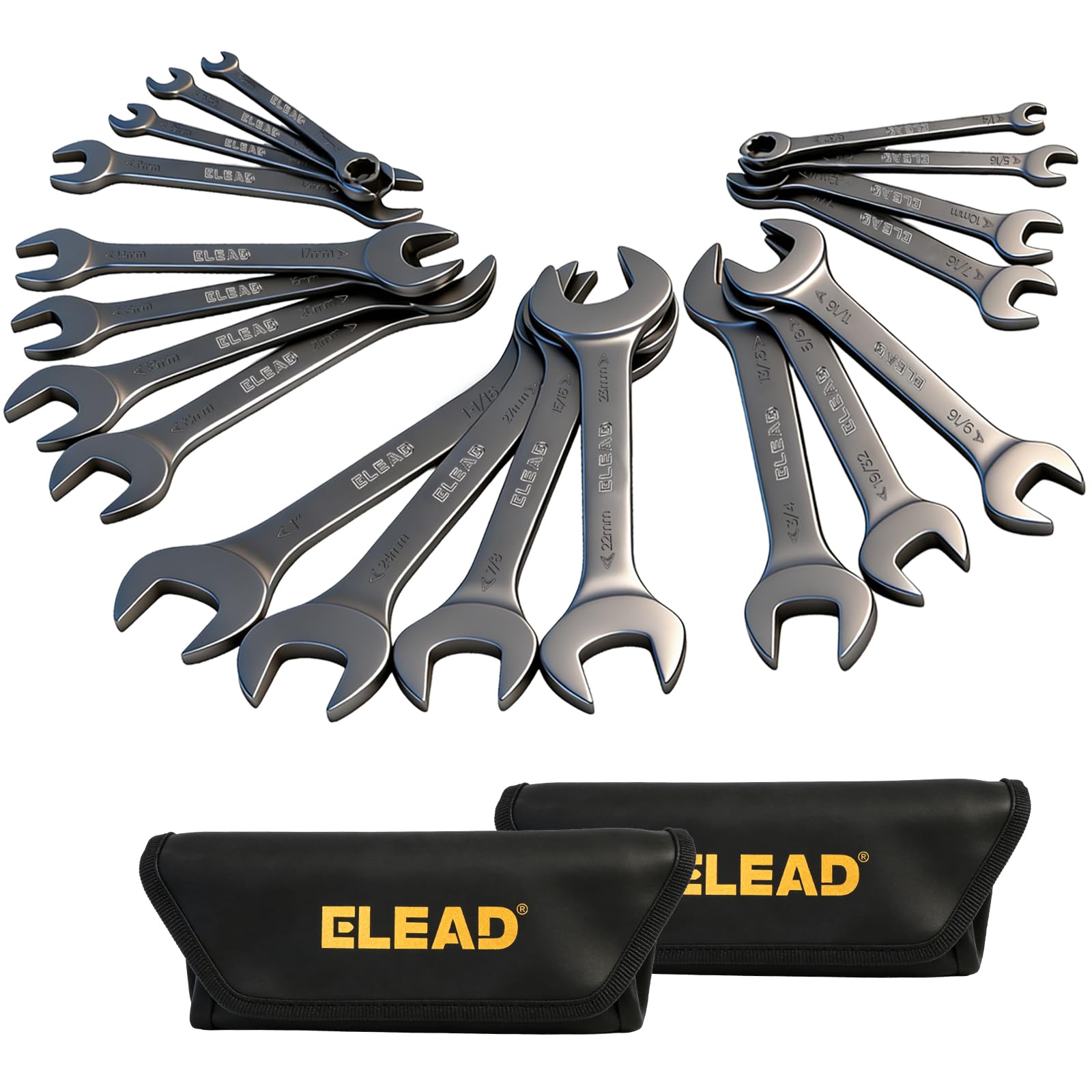 ELEAD Super-Thin Open End Wrench Set | 19-Piece SAE & Metric Sizes | CR-V Nickel Plated | Ultra-Slim Design | Corrosion-Resistant | Durable Roll-Up Pouch for Mechanics