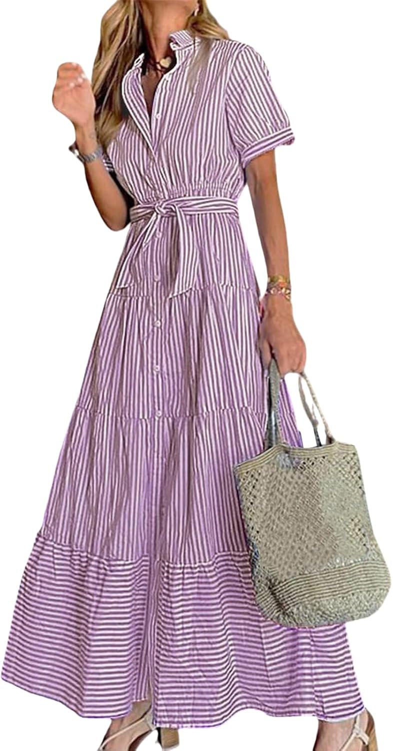 Women Summer Maxi Dress Stripe Bohemian Dresses Plaid Tie Waist Shirt Dress A Line Flowy Sundress Vacation Outfits