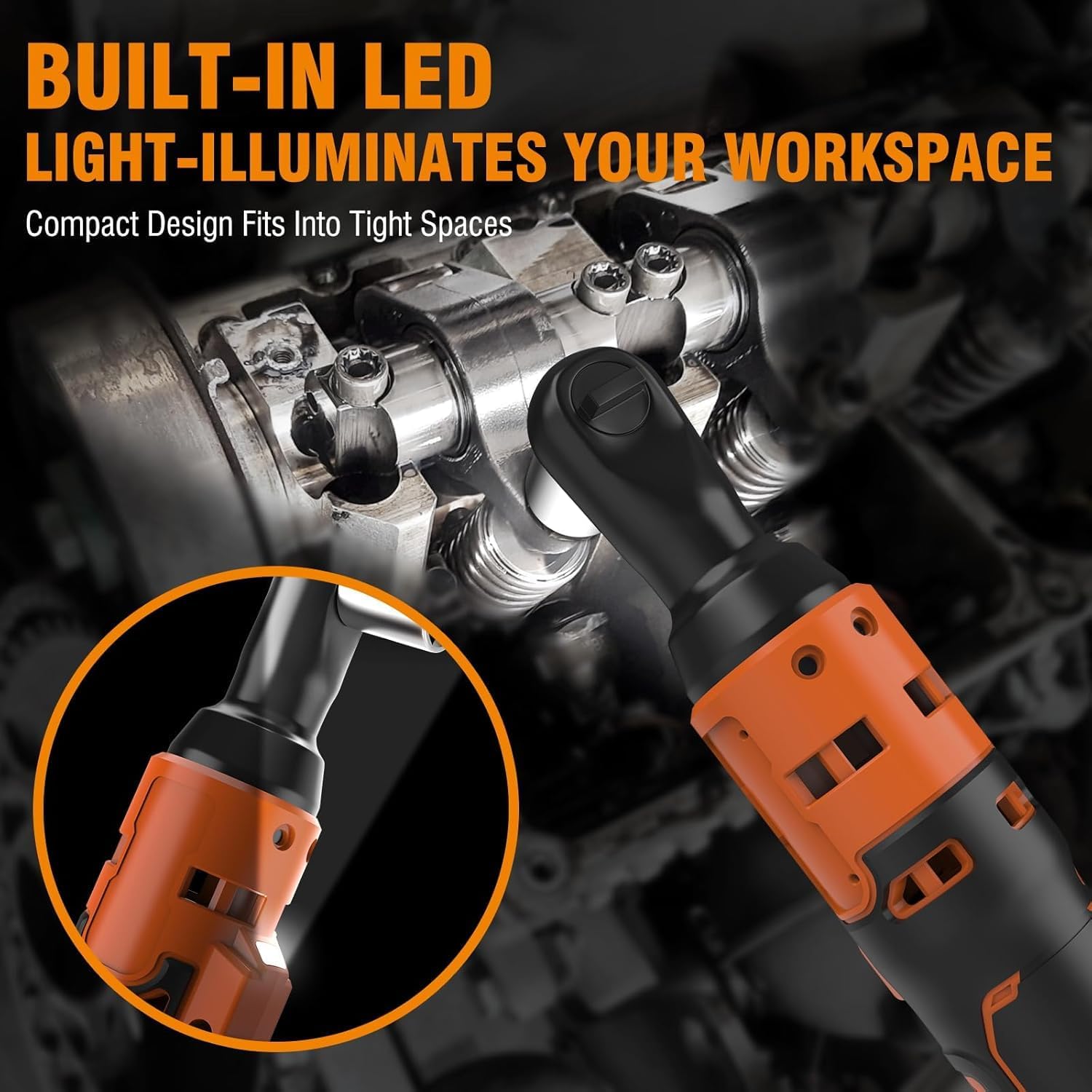 සමීප රූපය view of the Protmex ratchet wrench's ultra-thin head and built-in LED light, showing how it illuminates tight workspaces.