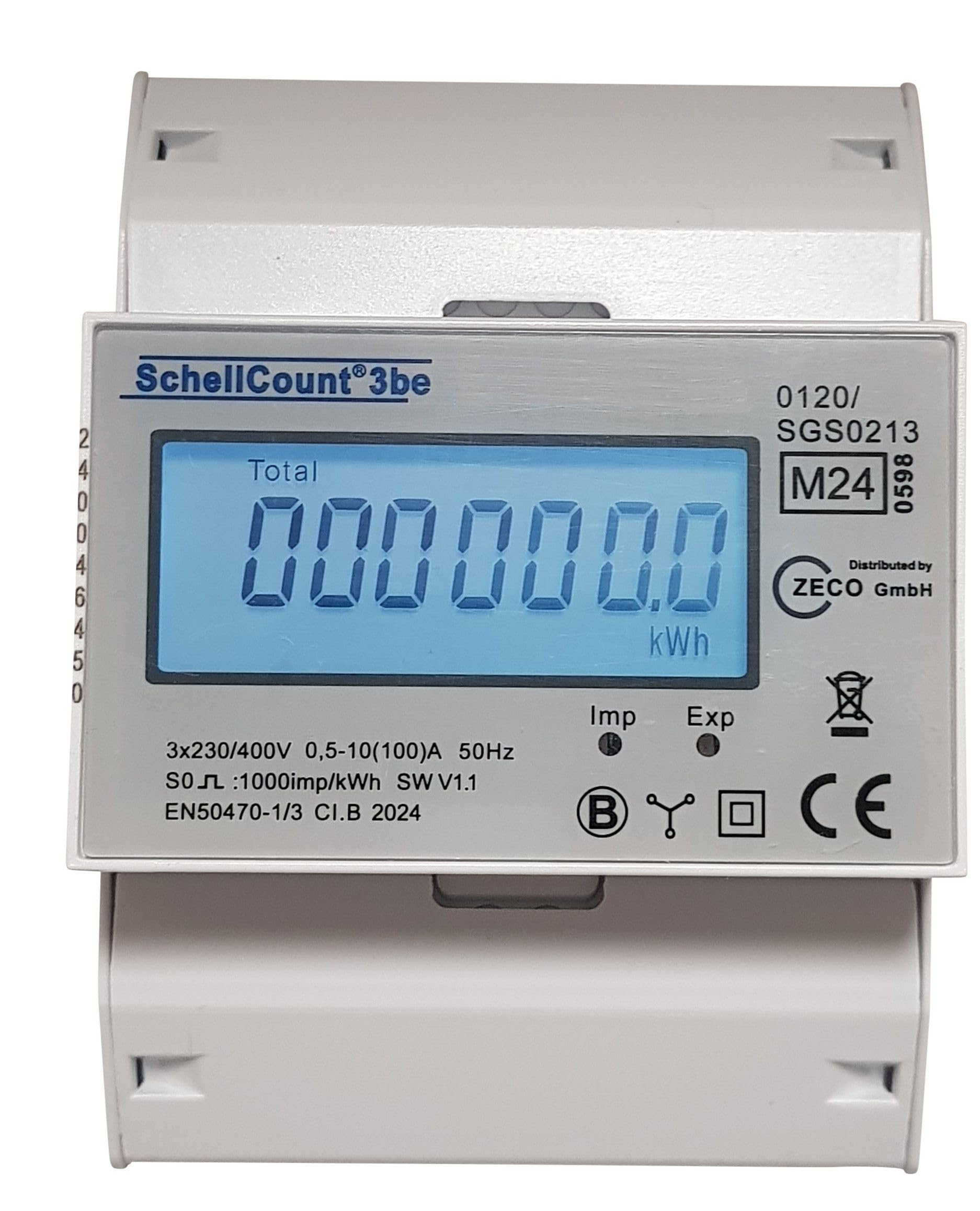 Stromzähler - SchellCount3be für Hutschiene Drehstromzähler 100A, 4TE, S0, digital LCD weiß-blau beleuchtet