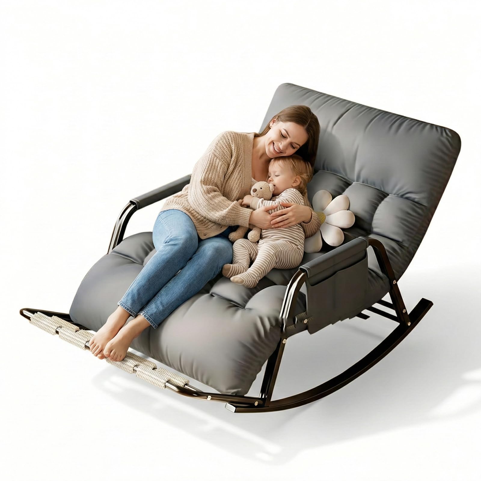 Rocking Chair, Dossier et Pied réglable, Tissu Résistant aux Griffes, Cadre en Acier Carbone, pour Intérieur et Extérieur, Gris & Orange, 93x111x50 cm, Charge Maximale 250 kg(Color:Gris)