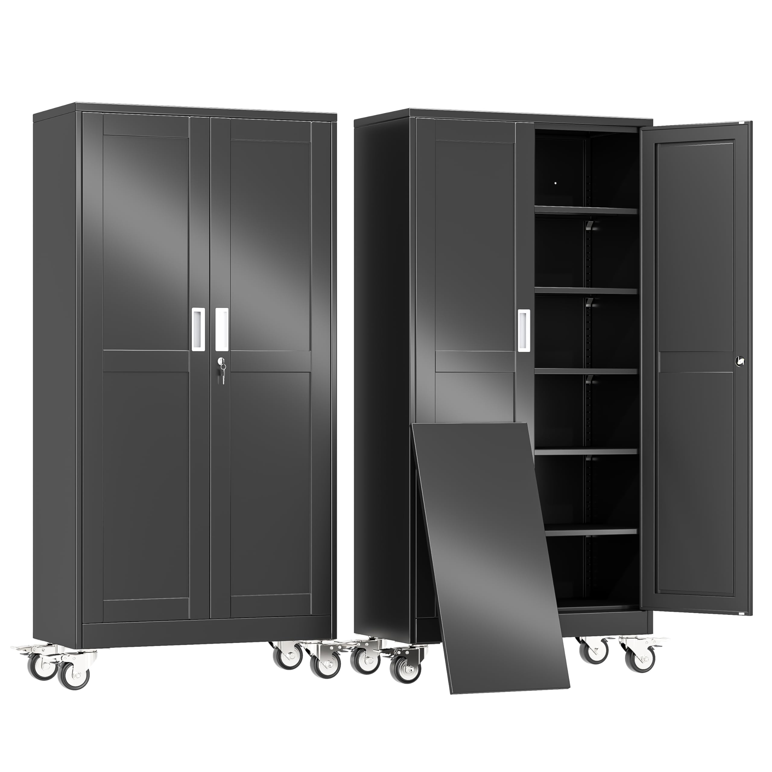 erosoei 74" H Metal Garage Storage Cabinet, Rolling Tool Cabinet with 2 Doors and Wheels, Locker Steel Cabinet with 5 Adjustable Shelves, Organization Cabinet for Garage,Office,Home,Gym,School