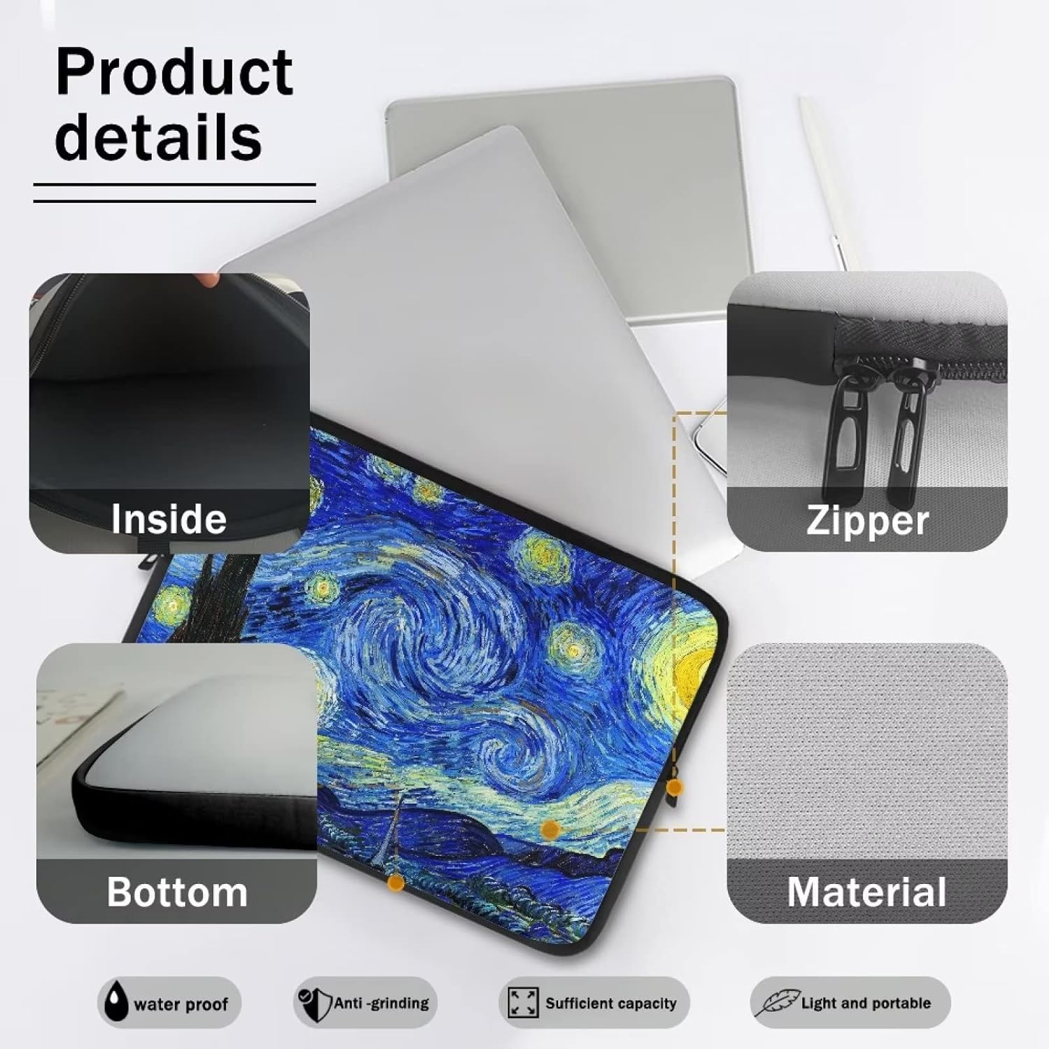 Van Gogh Starry Night Laptop Sleeve for Women, Computer Bag Tablet Carrying Case Cover Briefcase Fits Up to 17 Inch Tablet/Notebook, Portable Zipper Laptop Bag for Travel/Business/School