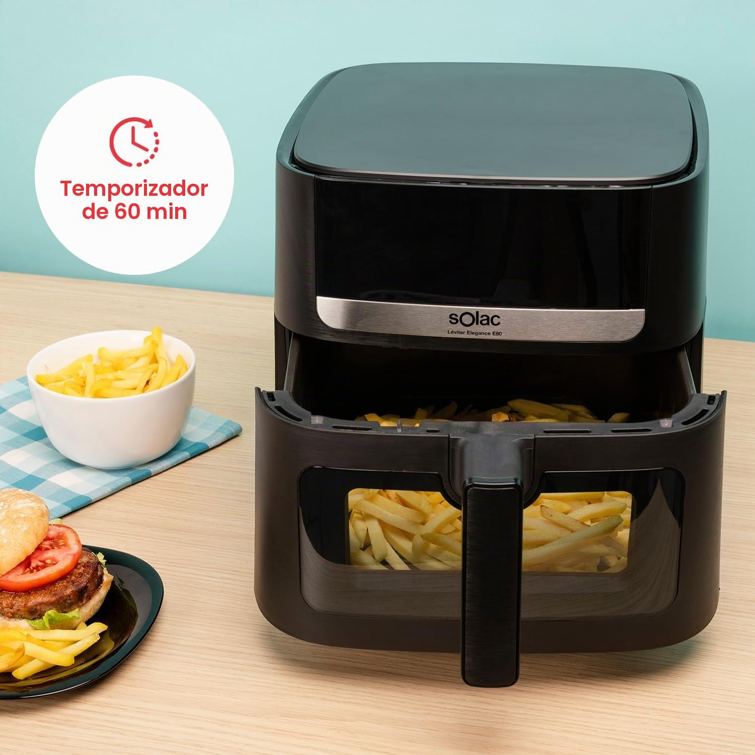 Solac - Air Fryer Leviter Elegance E80 | 1800W 8L | Pantalla Táctil | 8 Programas Automáticos | Temperatura Ajustable y Temporizador | Cocina Rápida | Apta para Lavavajillas | Negro