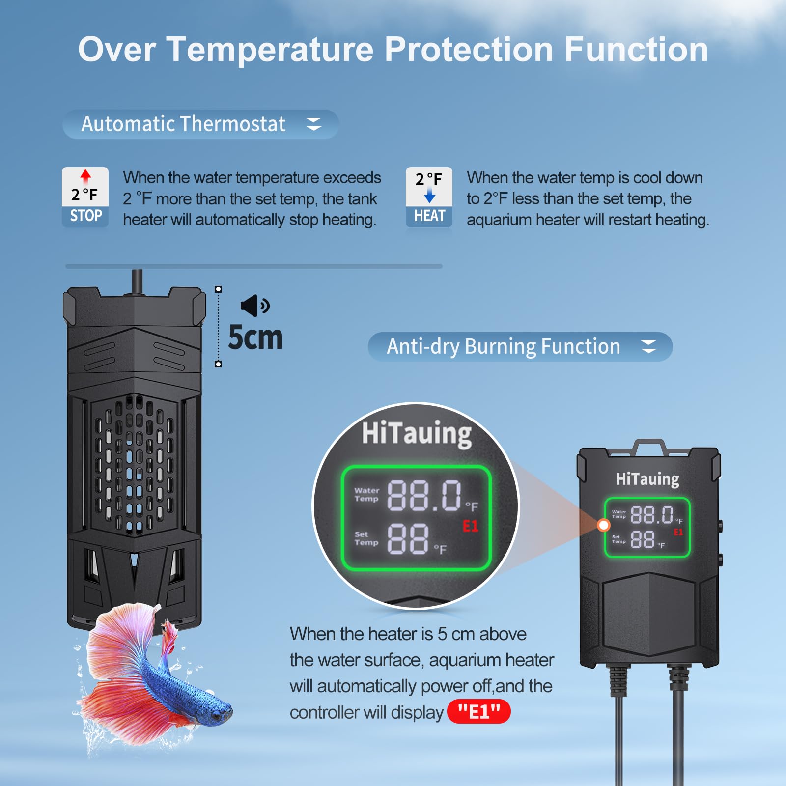HiTauing Riscaldatore per acquario, AP01, 300 W/500 W/800 W/1000 W, con controller intelligente IC Chip, riscaldamento rapido, controllo preciso della temperatura per acqua salata e d'acqua dolce