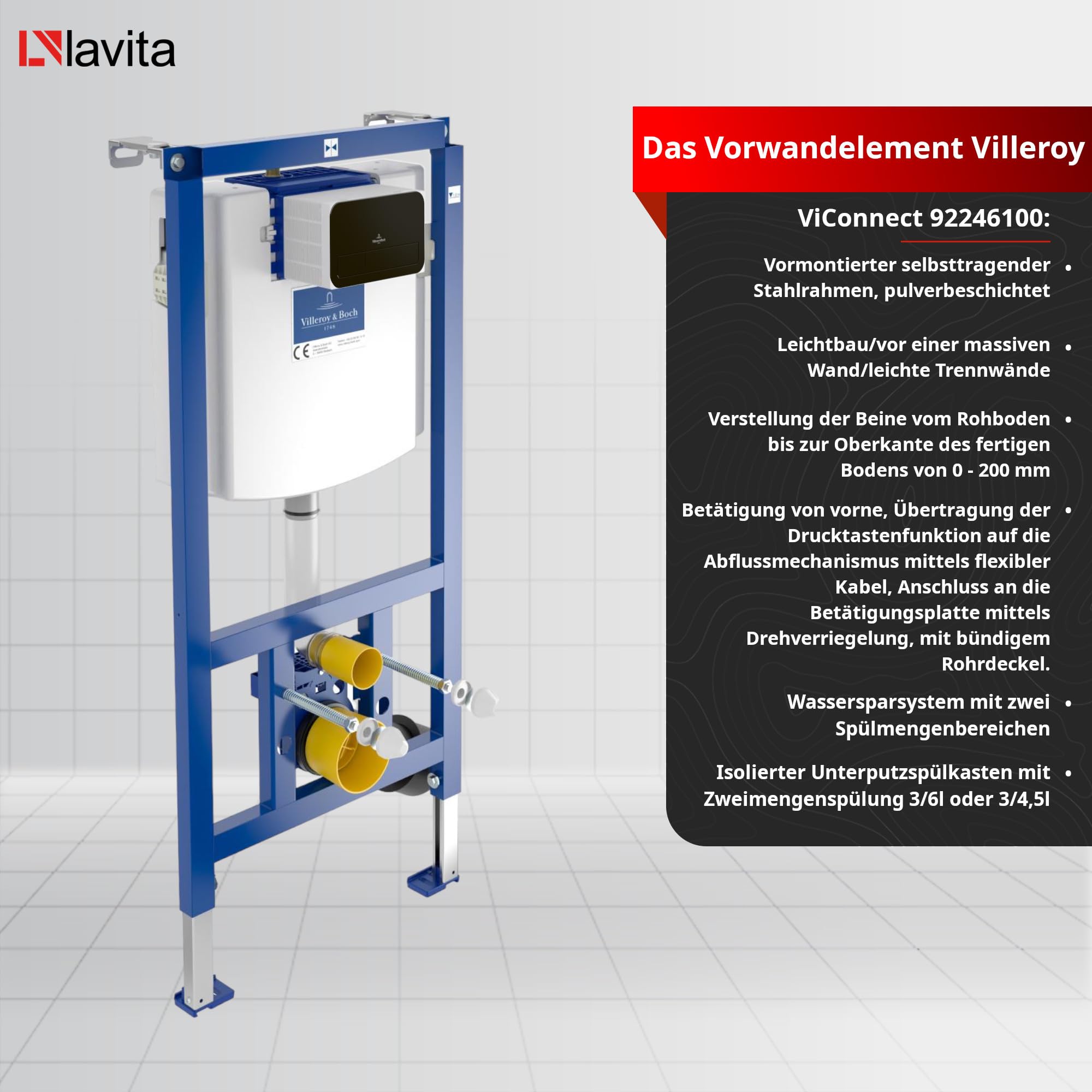 ViConnect H112 - Inodoro empotrado con placa de control y pared para colgar, fregadero profundo, color blanco, sin bordes, juego completo, cisterna empotrada, inodoro completo