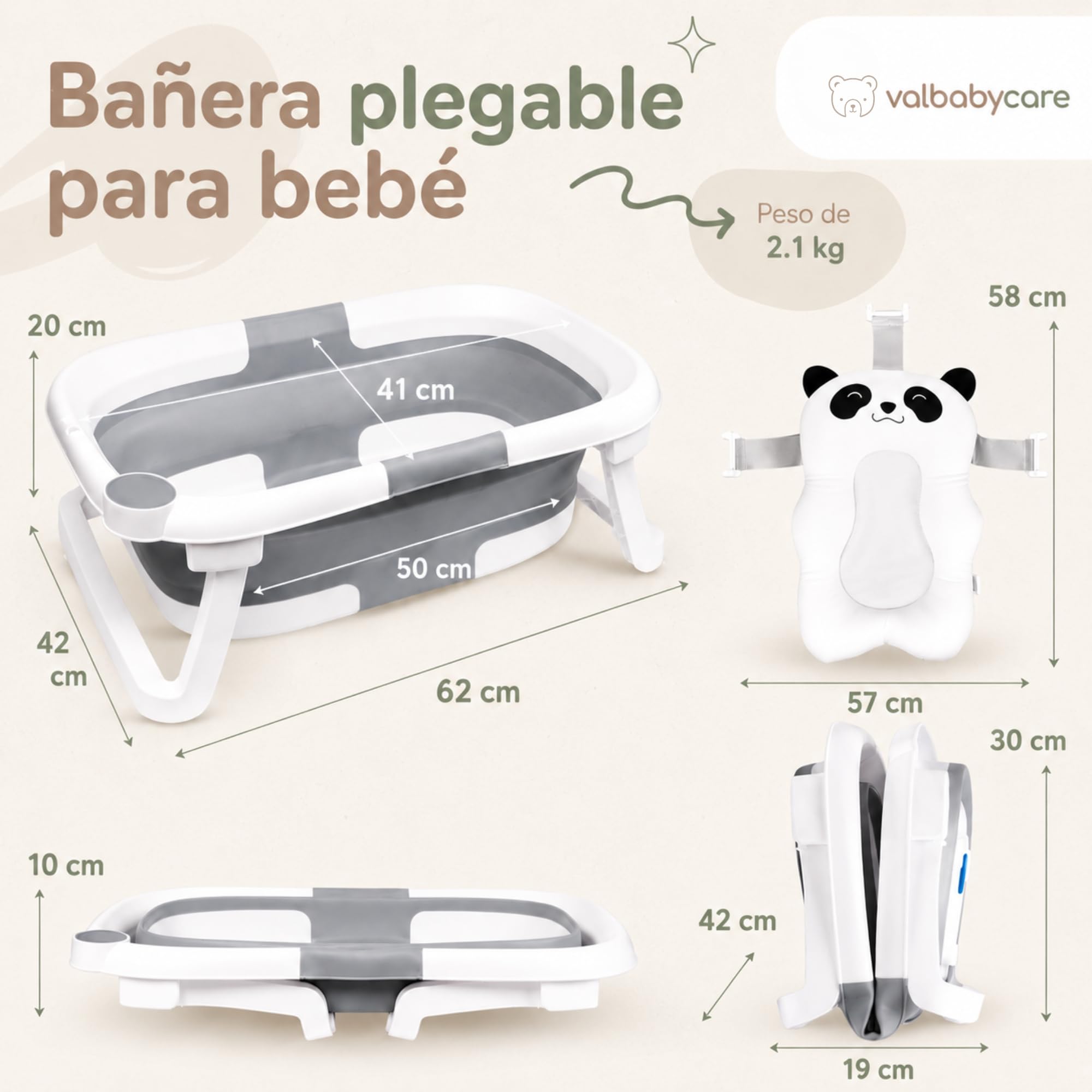 Bañera Plegable Bebe Portatil desde Recién Nacido Hasta 24 Meses + Cojín Panda Ergonómico Grande y Acolchado + Patas Antideslizantes Bañeras para Bebés Fácil de Limpiar Banheira Casa o Viaje | VALBABY