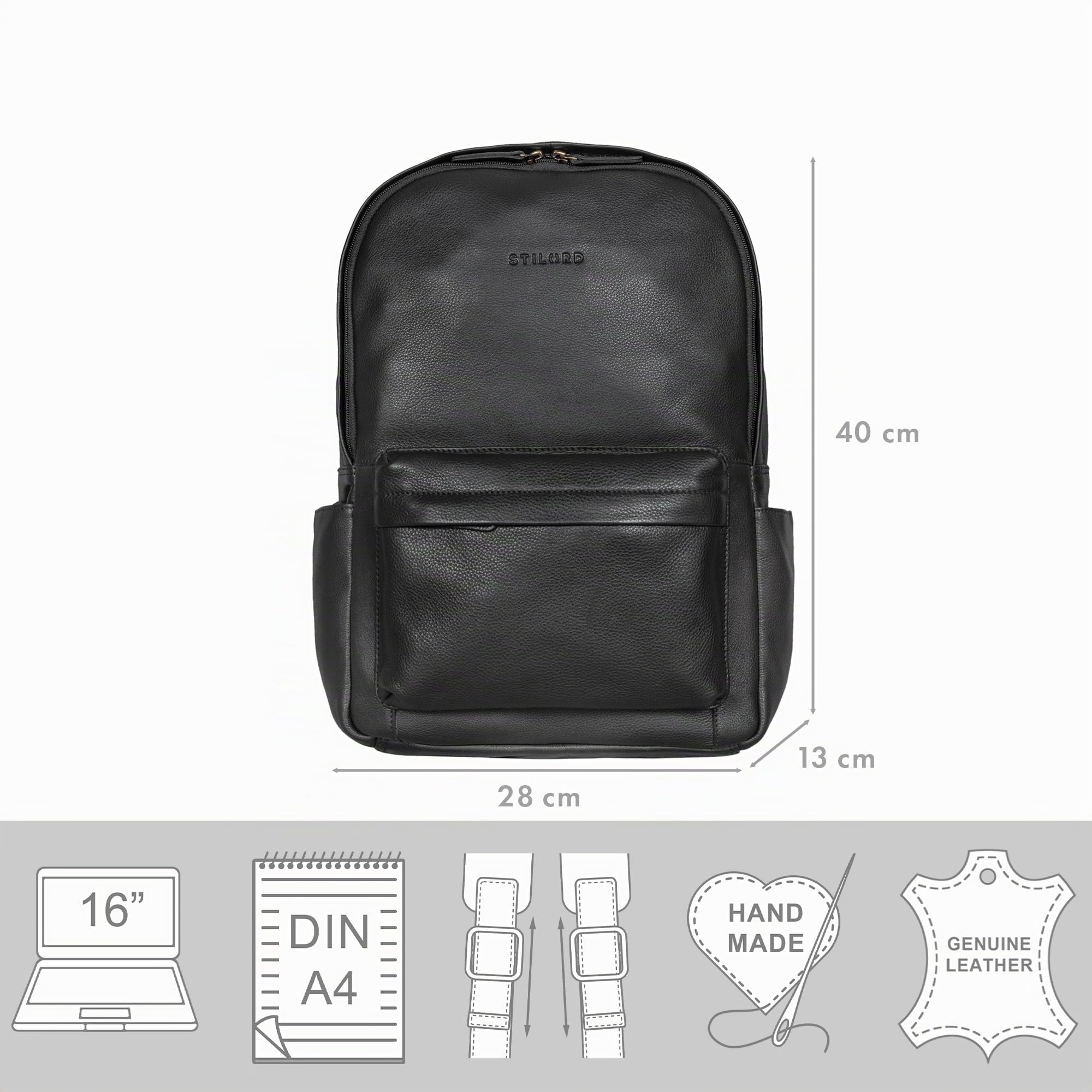 STILORD 'Arik' Mochila de Piel para Hombre y Mujer Cuero Viaje Bolso Estudiante Piel Backpack Mochilas portatil 16 Aduanas, Color:Negro