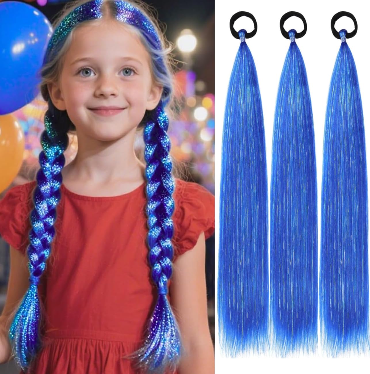 PORSMEER 3 Pack 24 Inch Hair Tinsel Colored Braided Ponytail Extension Gradient Hair Extensions with Elastic Tie Straight Sleek Wrap Around Hair for Braids (royal blue)