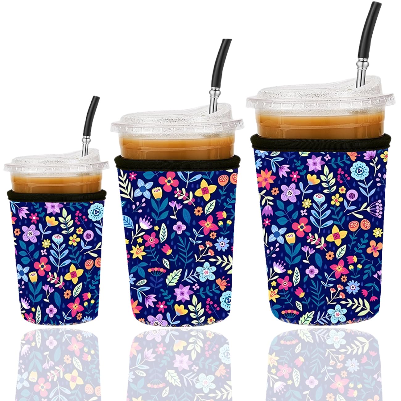 Reusable Insulated Neoprene Iced Coffee Cup Sleeve, Durable Drink Sleeve for Cold Beverages, Beverage Holder for Iced Coffee (Floral Fiesta)