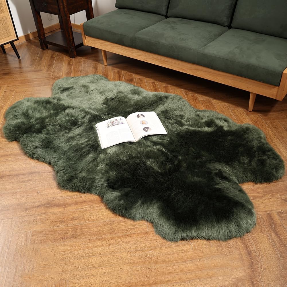 LLB Genuine Sheepskin Area Rug Wool Rug Fur Carpet Fluffy Shaggy Fur Rug for Living Room Kids Bedroom Real Sheepskin Throw Lambskin Rugs Sofa Mat Chair Seat Covers (Dark Green, 4 x 6 ft Sheepskin)