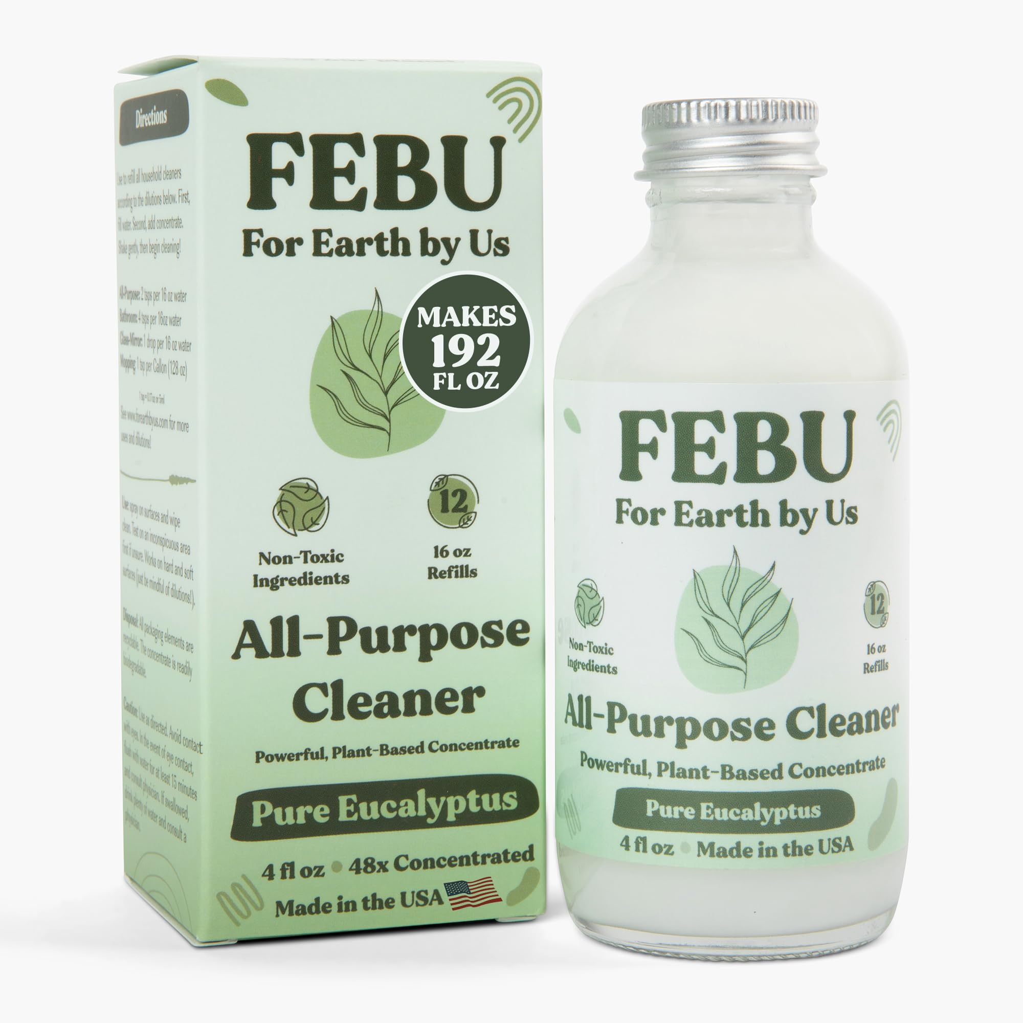 FEBU All Purpose Cleaner, Pure Eucalyptus, 4oz | Powerful Natural Cleaner Concentrate With Essential Oils | Makes 192 Fl Oz of Multipurpose Spray | Plant-Based, Human Safe Ingredients | Plastic Free
