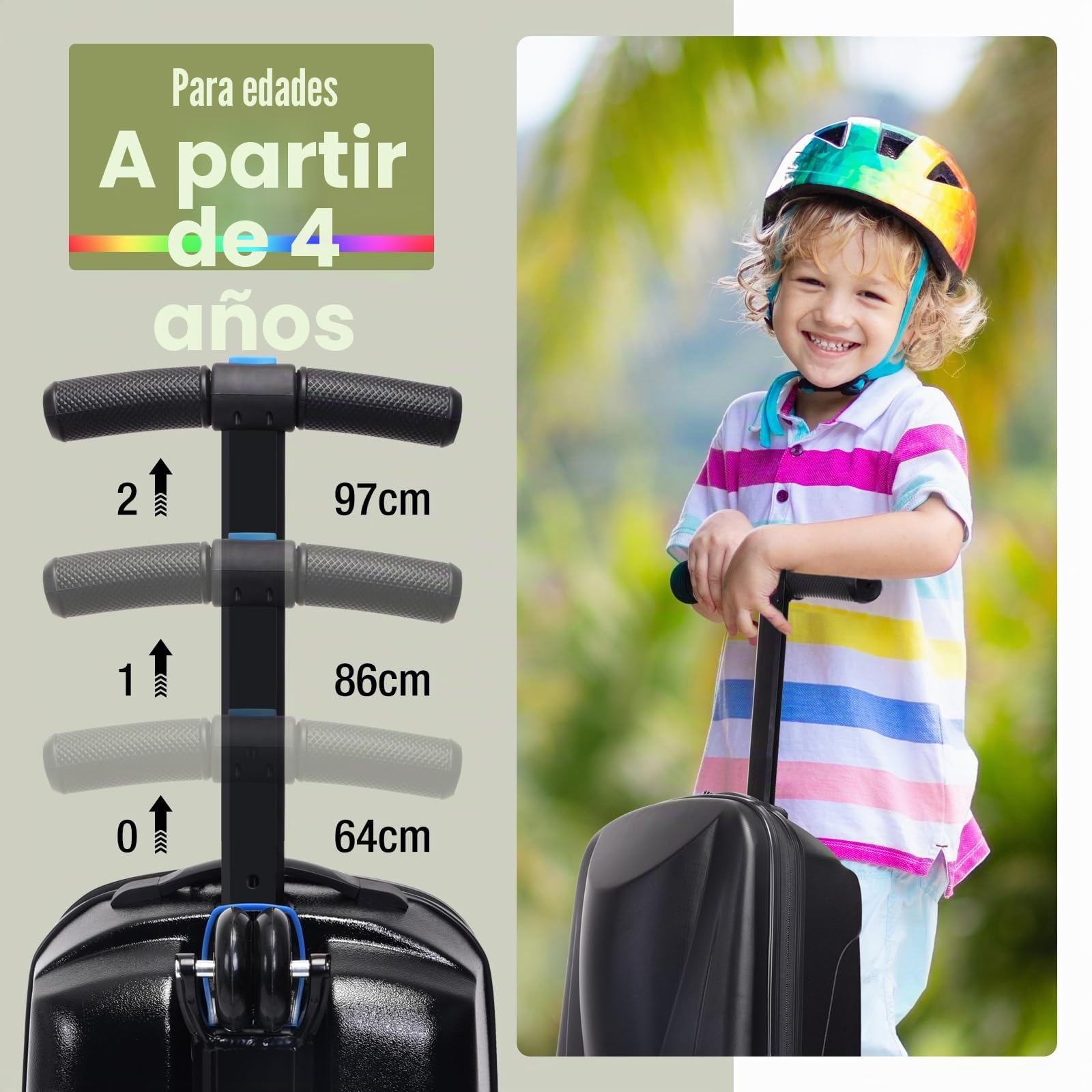 Maleta para patinete infantil 2 en 1 de viaje, maleta de mano plegable con 3 ruedas, color negro