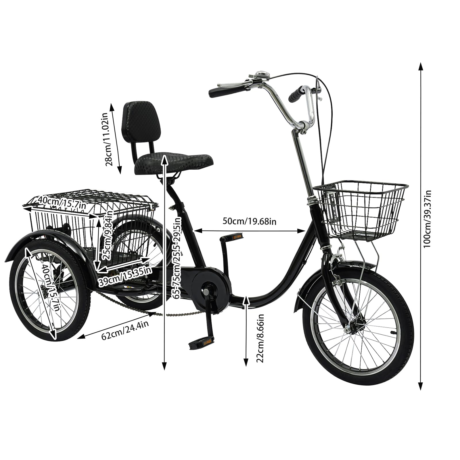 Triciclo para adultos de acero al carbono de 3 ruedas con cesta de la compra de hasta 330,69 libras, triciclo de altura regulable, bicicleta de crucero para personas mayores, color negro