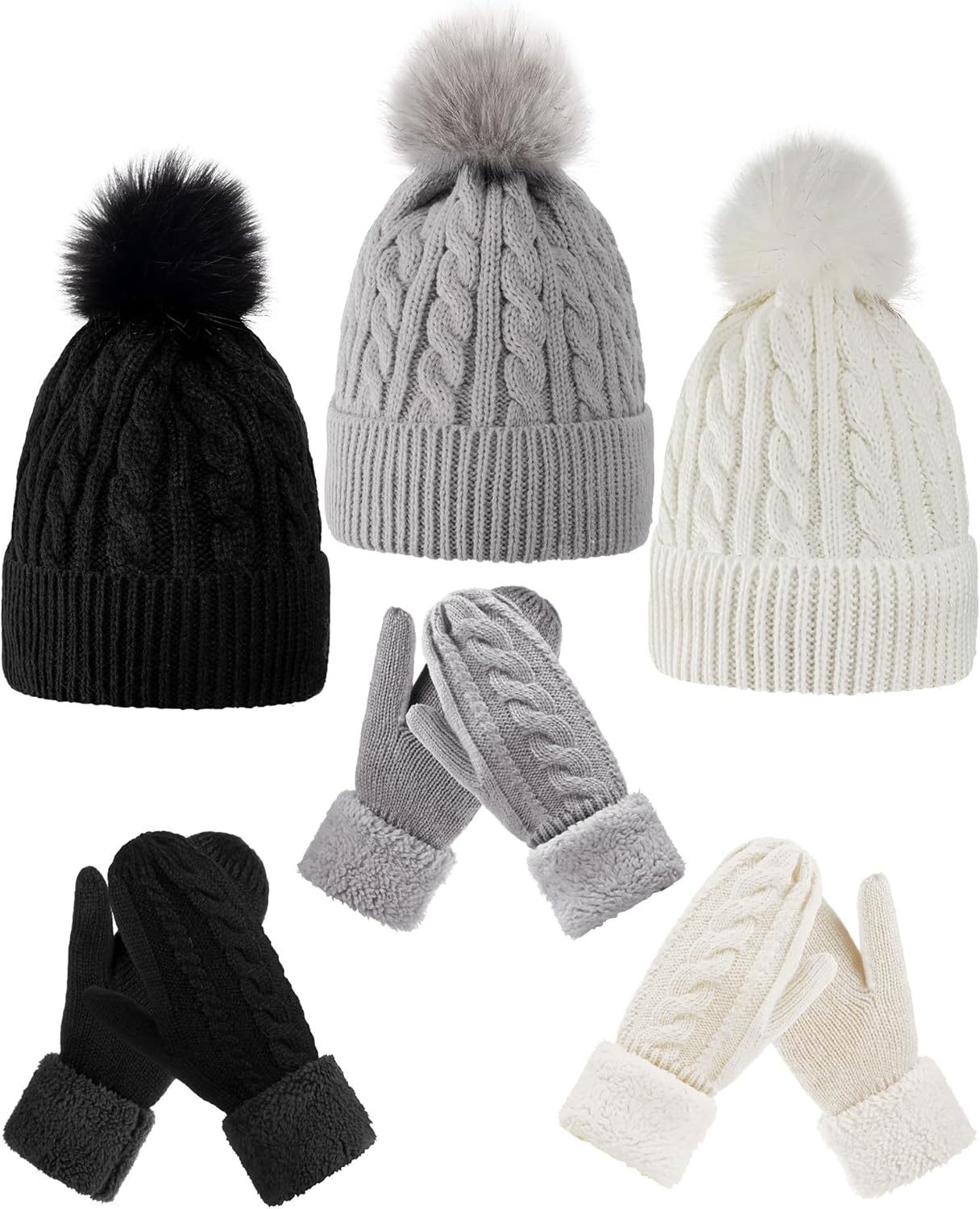Toulite 6 Pcs Hat and Mittens Winter Set for Women Knit Pom Pom Beanie Caps and Gloves Thick Fleece Lined for Cold Weather