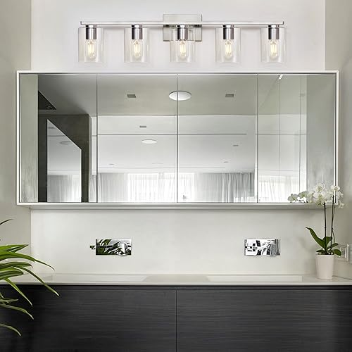 Miniatura 3 de Lámparas modernas para baño, 5 luces con pantalla de vidrio transparente para pasillo, cocina, dormitorio, sala de estar (níquel cepillado, 5 luces)