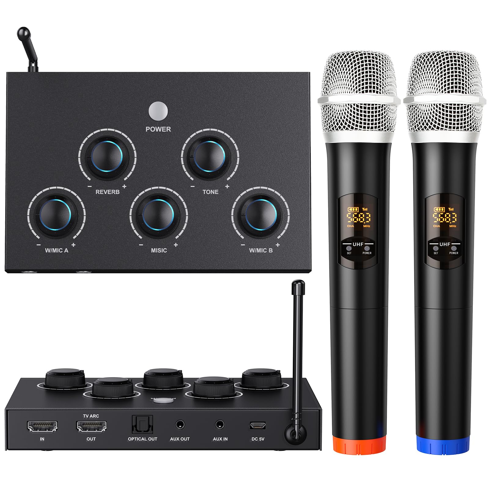 DIGITNOW! Bezprzewodowy mikrofon karaoke Bluetooth, podwójny profesjonalny system mikrofonu UHF do karaoke, TV, impreza, DJ, kościół, ślub, spotkanie, HDMI ARC, Aux, optyczny