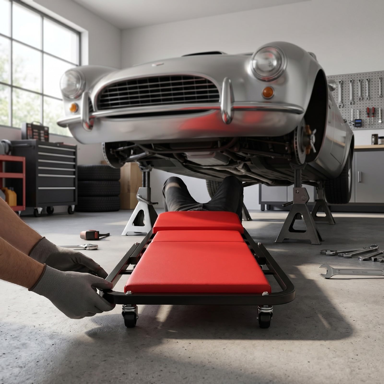 Tbest Camilla Rodante Plegable para Mecánico, Asiento Rodante bajo Perfil 3 en 1 con 6 Ruedas Giratorias de 360 Grados for Reparaciones de Coches en Garaje (Rojo)