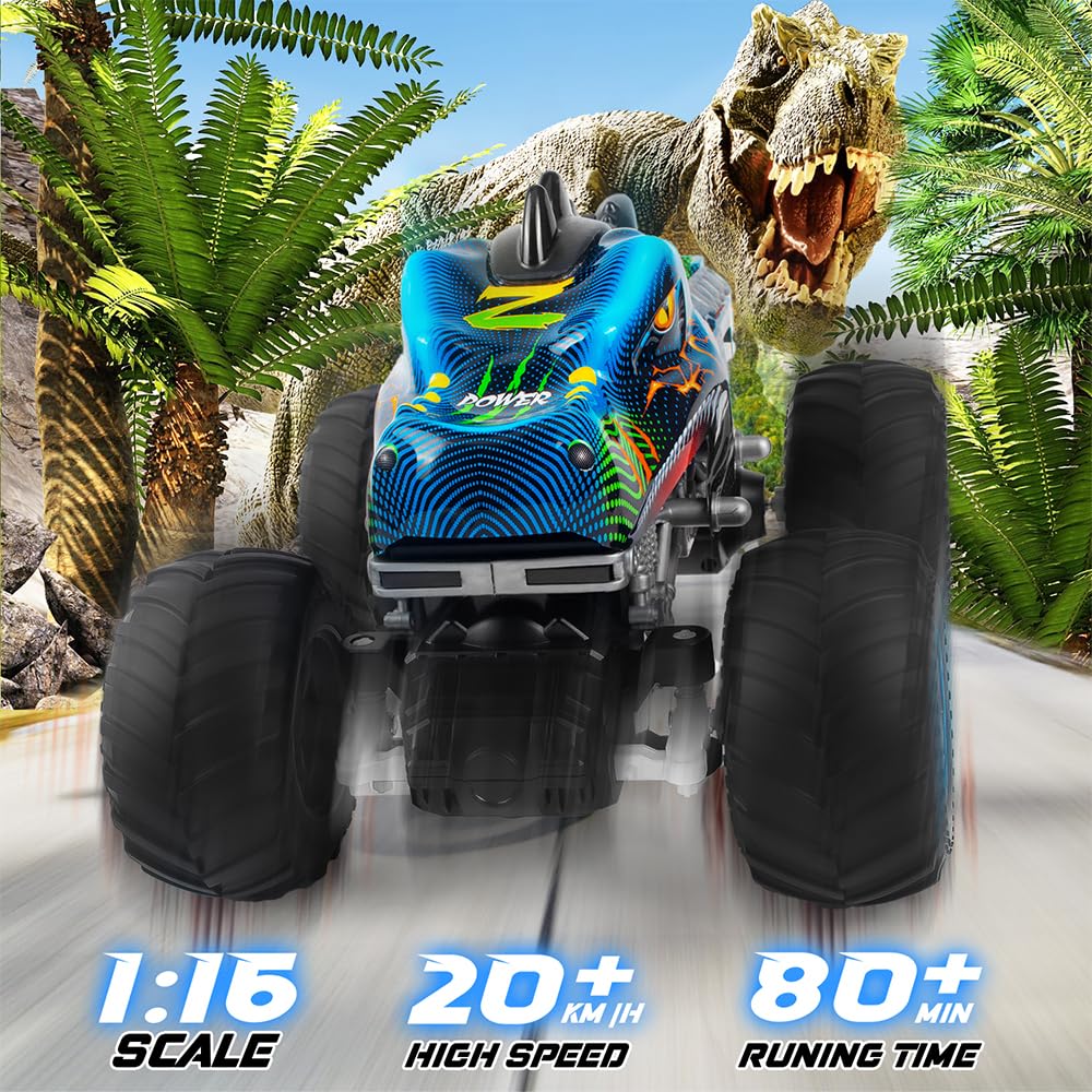Rhybor Macchina Telecomandata 1:16 Dinosauro RC Monster Truck 2.4 GHz 20 Km/h Auto Telecomandata con Nebbia Spray Musica Luci LED Auto Radiocomandata RC Auto per Bambini di 4 5 6 7 8 anni
