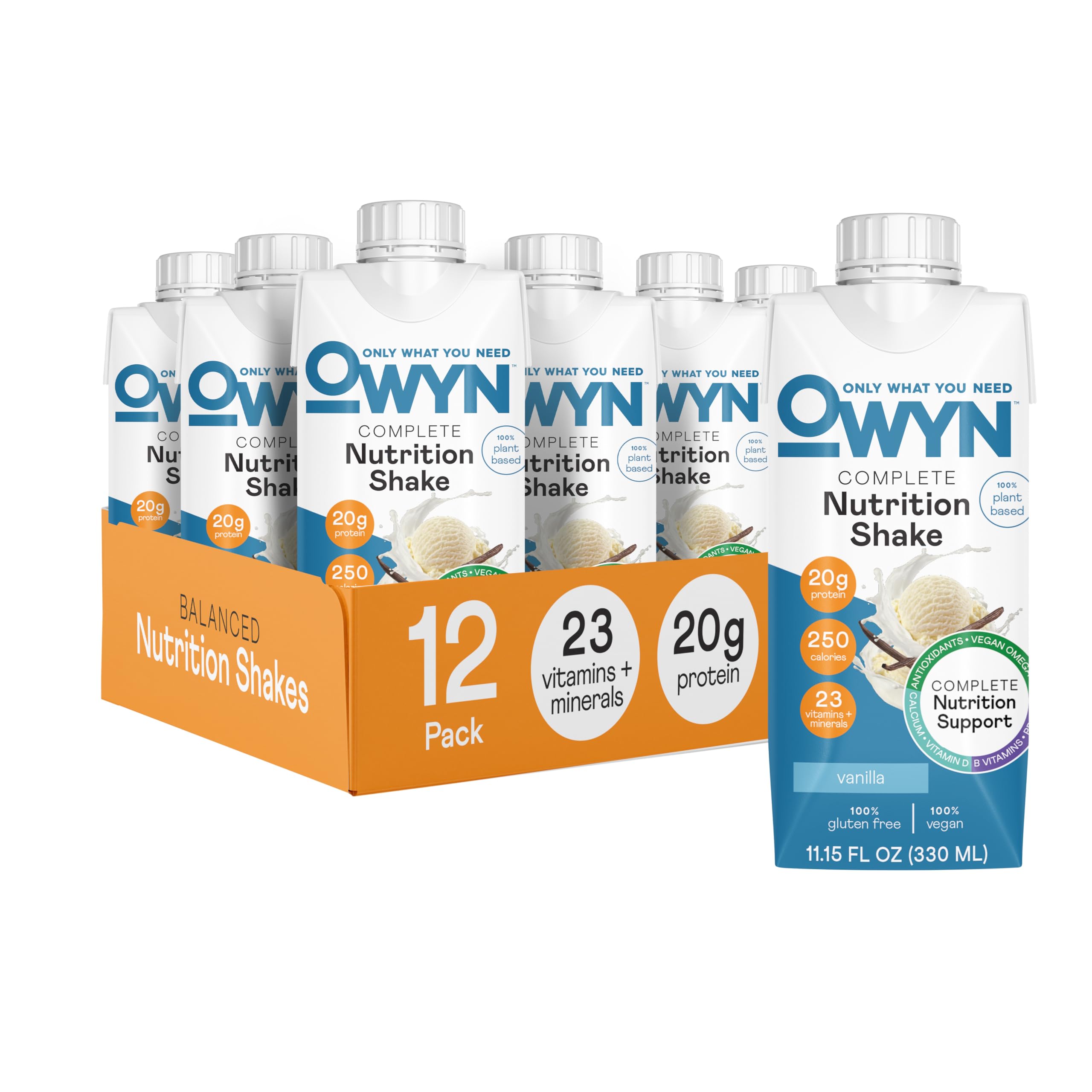 OWYN Only What You Need Vegan Complete Nutrition Protein Shake, 20g plant based protein, 23 Vitamins Minerals, Nutritional Shake, Gluten, Soy, and Tree Nut-Free (Vanilla, 12 pack)