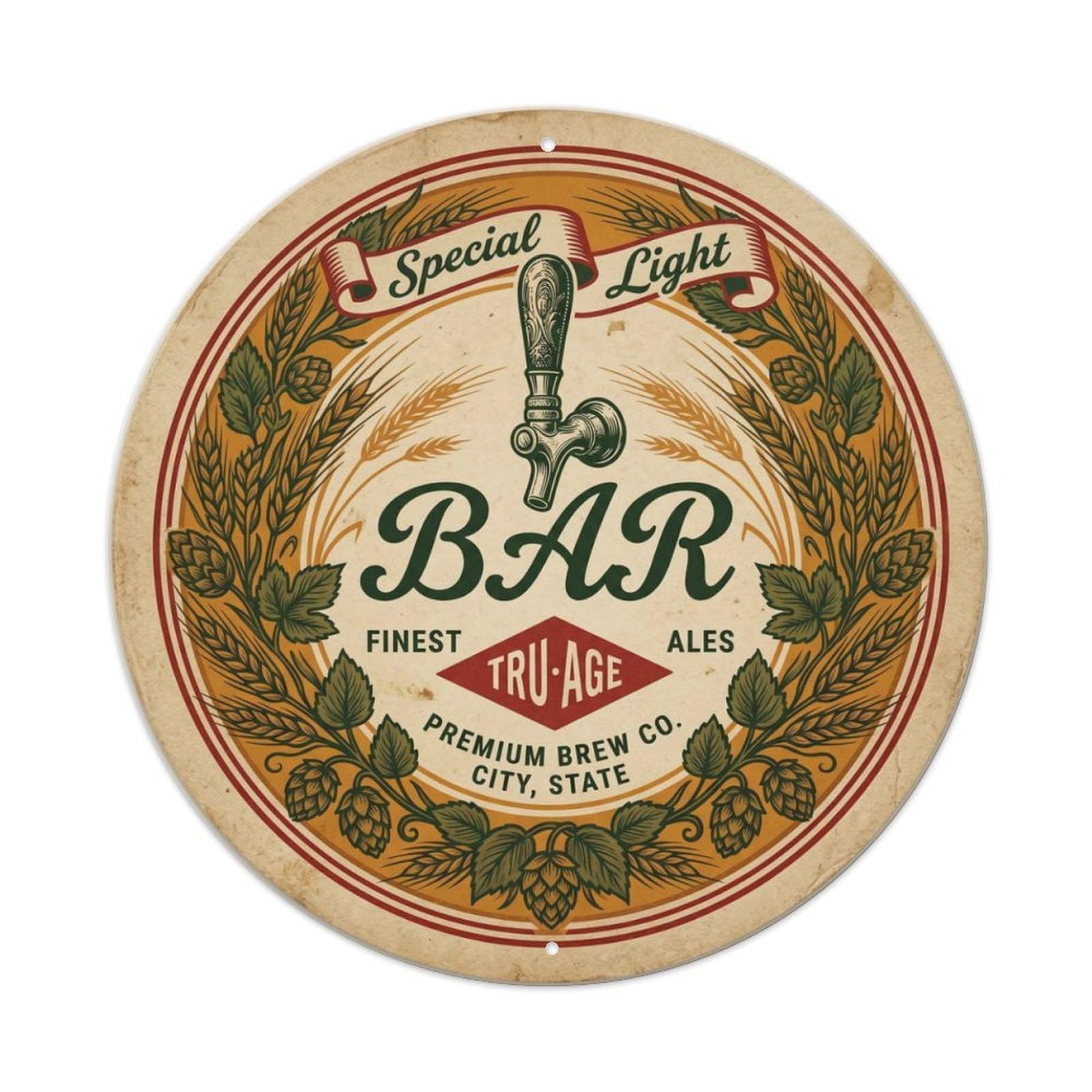 BAR Vintage Brewery Emblem Metal Tin Sign Plaque Wall Decor for Cafe, Club Bar, Office, Home Garden Round Metal Poster 8x8Inch