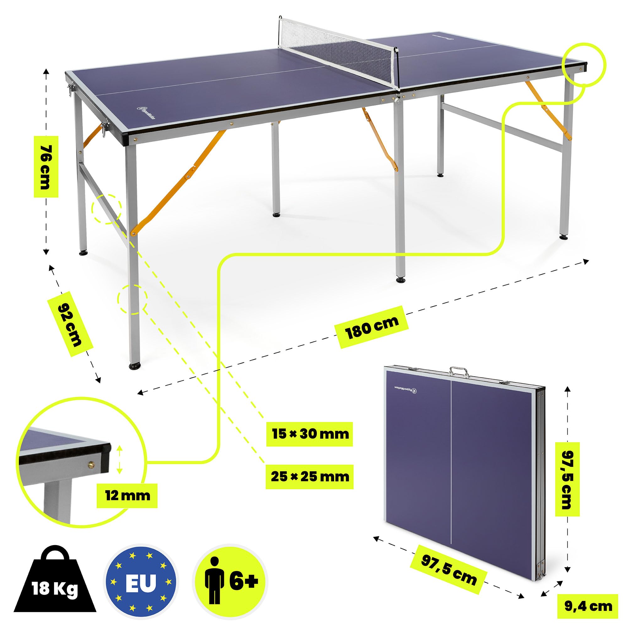 HyperMotion HYP32 Table de Ping Pong Pliante pour Enfants et Adultes, Modèle Compact d’Intérieur avec Filet, Raquettes et Balles, Facile à Transporter