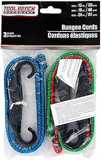 3-Count Pack Of Tool Bench Hardware Bungee Cords - 1 Each of 12 inch, 18 inch, 24 inch Bungees with Plastic Hooks