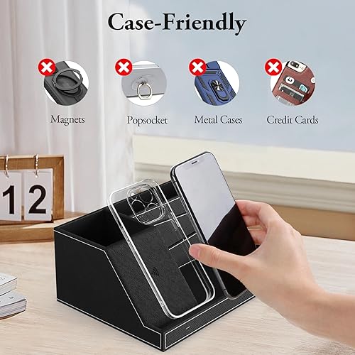 Miniatura 10 de TopMade Organizador de mesita de noche de escritorio con cargador inalámbrico, soporte de cuero para bolígrafos, accesorios de oficina, estación de