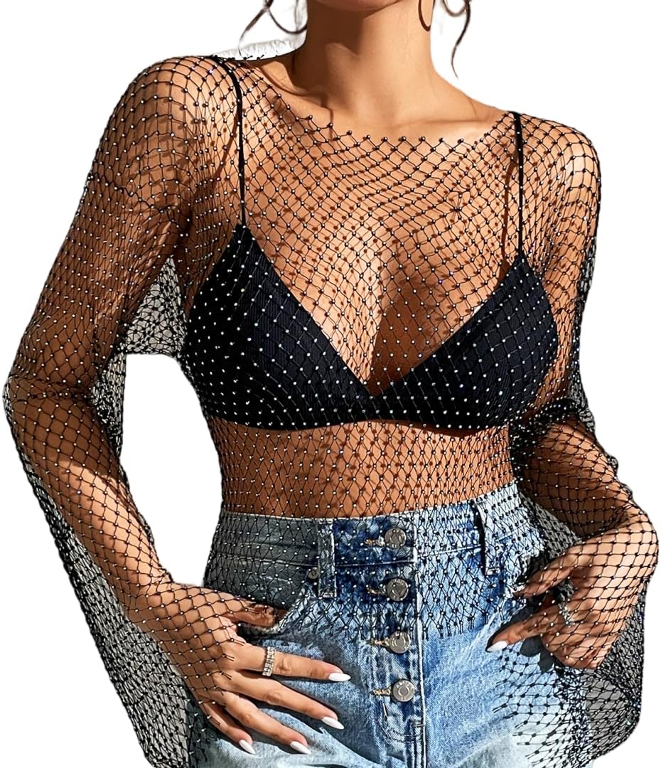 Women's Lingerie Sexy Fishnet Rhinestones Mini Dress Nightgown Chemise