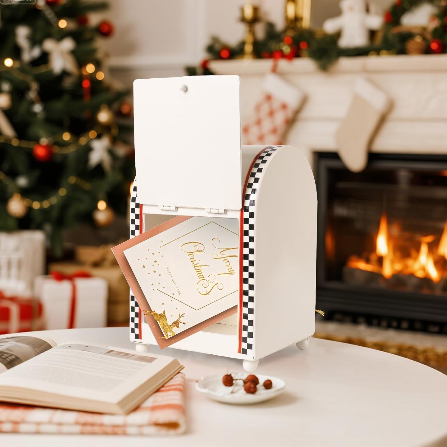 Letters to Santa Mailbox Christmas Decor, 5.5×7.5 Inch Metal Xmas Letter Mail Box, North Pole Delivery Kids Gift Wish List, Holiday Indoor Table Shelf Mantel Black White Checkered Home Decorations