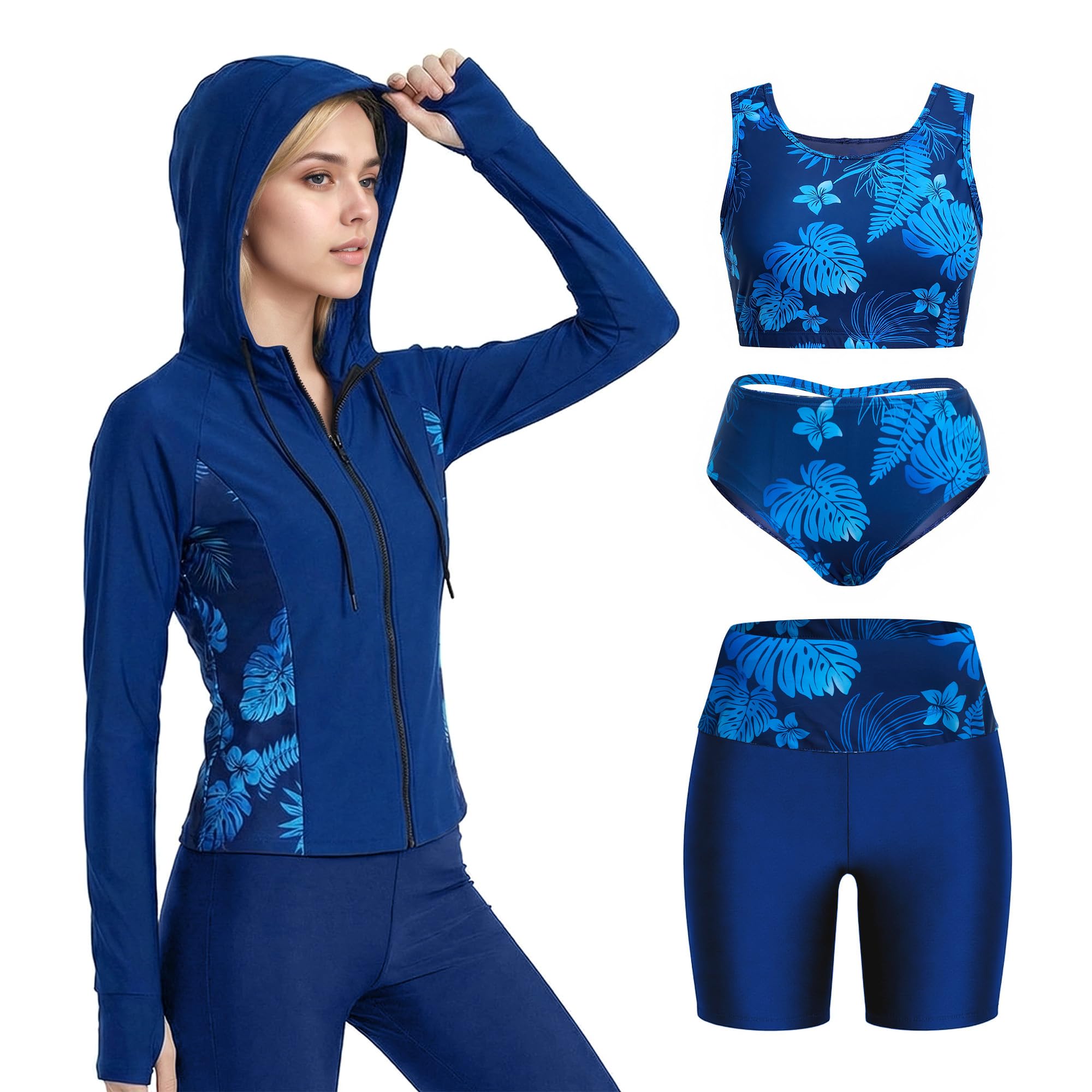 Owntop UV Rashguard Set Damen 4-teilig – Langarm Schwimmshirt mit UV Schutz, Badehose & Bikini Top, Funktionale Swimwear für Strand Schwimmen Wassersport