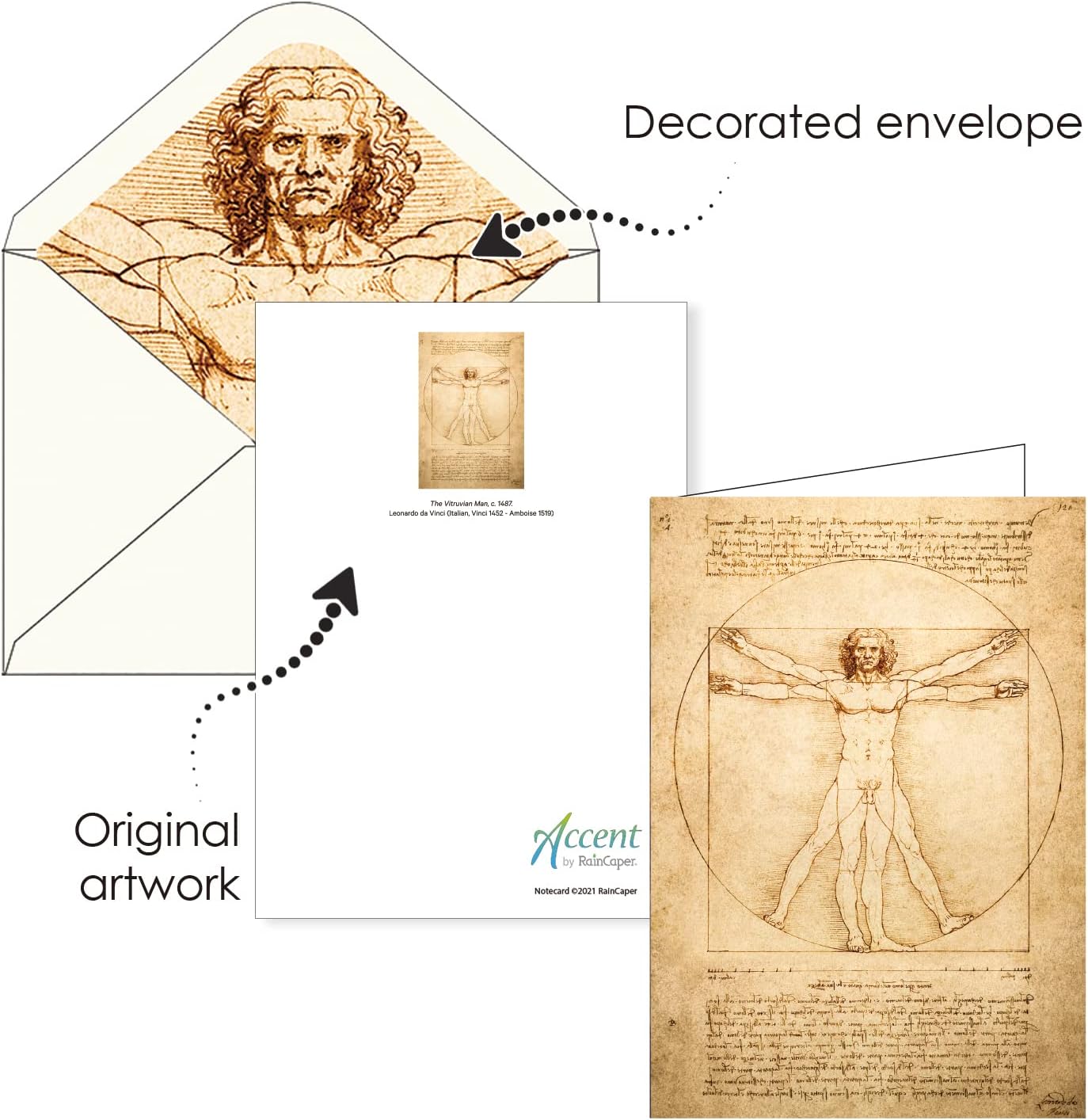 RainCaper Fine Art Keepsake 5x7 Blank Stationery da Vinci Greeting Note Cards With Decorative Envelopes, Gift Boxed Set of 16 | 300 GSM Cardstock (da Vinci Favorites)