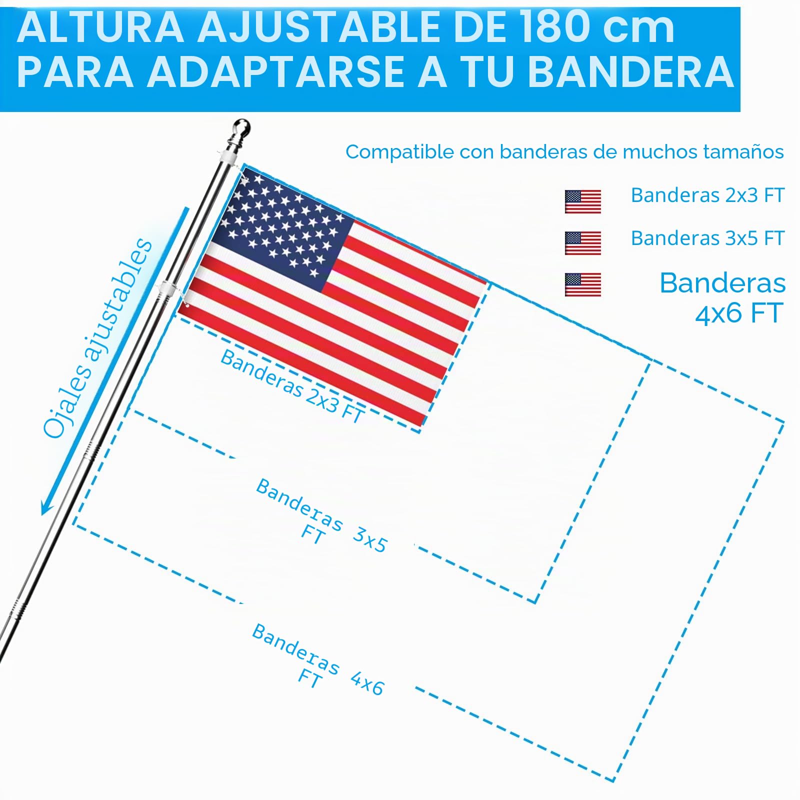 ZMTECH Asta De Bandera, Asta De Bandera De 180 Cm con Soporte para Bandera, Kit De Asta De Bandera para Jardín De Casa, Residencial o Comercial (Sin Bandera, Plateado)