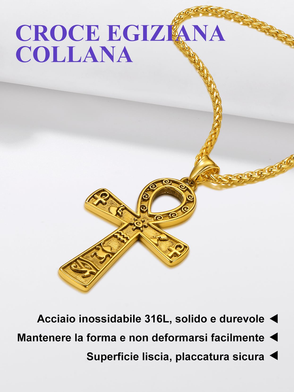Richsteel Collana da uomo con ciondolo a forma di occhio di Horus, con ciondolo a forma di croce egiziana, collana in acciaio inox da 55,9 a 61 cm, con incisione del nome, fornita con confezione