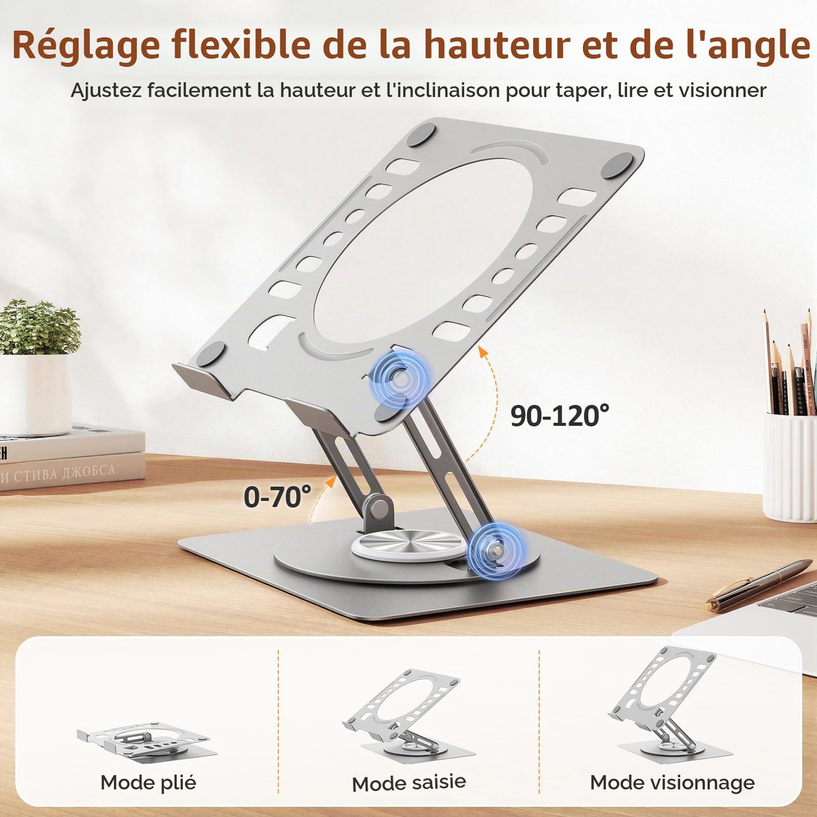 Euqvunn Support Ordinateur Portable, Pliable Support PC avec Base Rotative à 360°, Rehausseur Ordinateur Portable, Réglable en Hauteur et en Angle, Compatible avec MacBook Pro/Air, 11–16"(Argent)