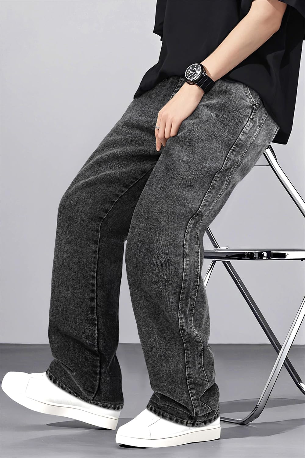 Mens Baggy Jeans Elastic Waisted Denim Pants for Men with Drawstring Streetwear - Image 2