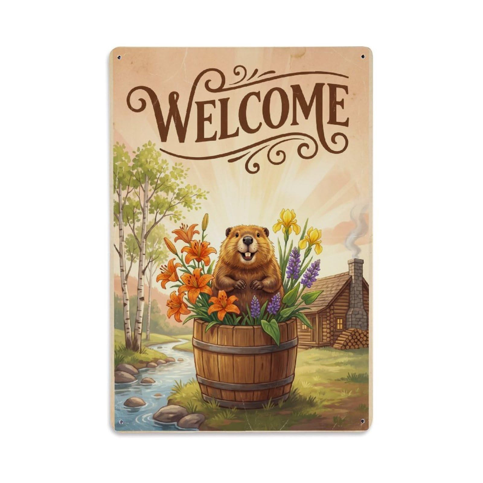 Cxhjca 8X12inch(20X30cm) Vintage Welcome Beaver Backyard Bliss Metal Tin Sign