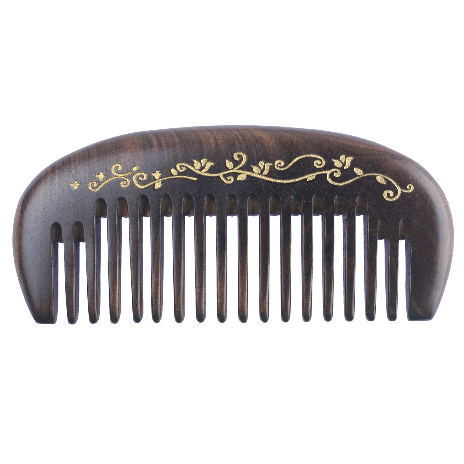 BreezelikeNo Static Small Chacate Preto Wood Pocket Comb with Painted Golden Flowers
