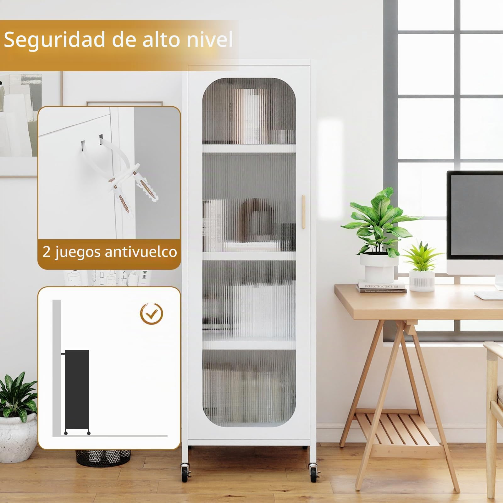 KOMFOTTEU Estantería de Cocina de 5 Niveles de Acero, Armario de Cocina con Ruedas con Estantes Ajustables y Puerta Transparente, Mueble Buffet para Comedor, Salón, 45 x 40 x 141 cm (Blanco)