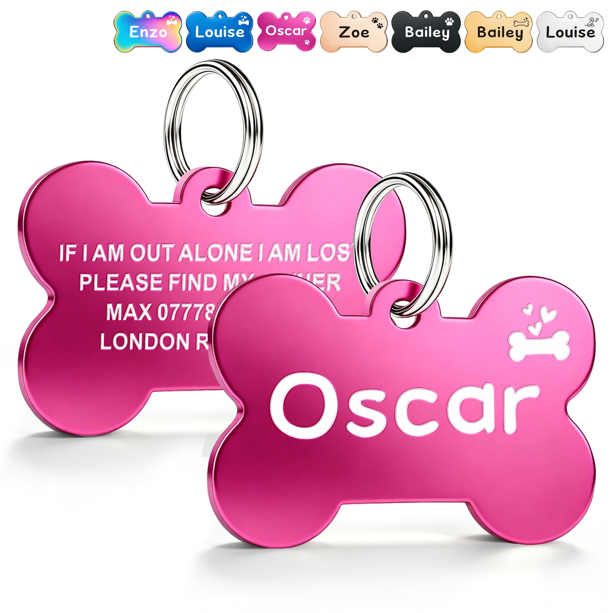 Deep Engraved Dog Tags for Pets UK Prime, Personalised Cat Dog Name ID Tags, Stainless Steel Pet Tag for Doggy Kitten Kitty Puppy, Scratch Resistant Tag (Pink Bone, L)