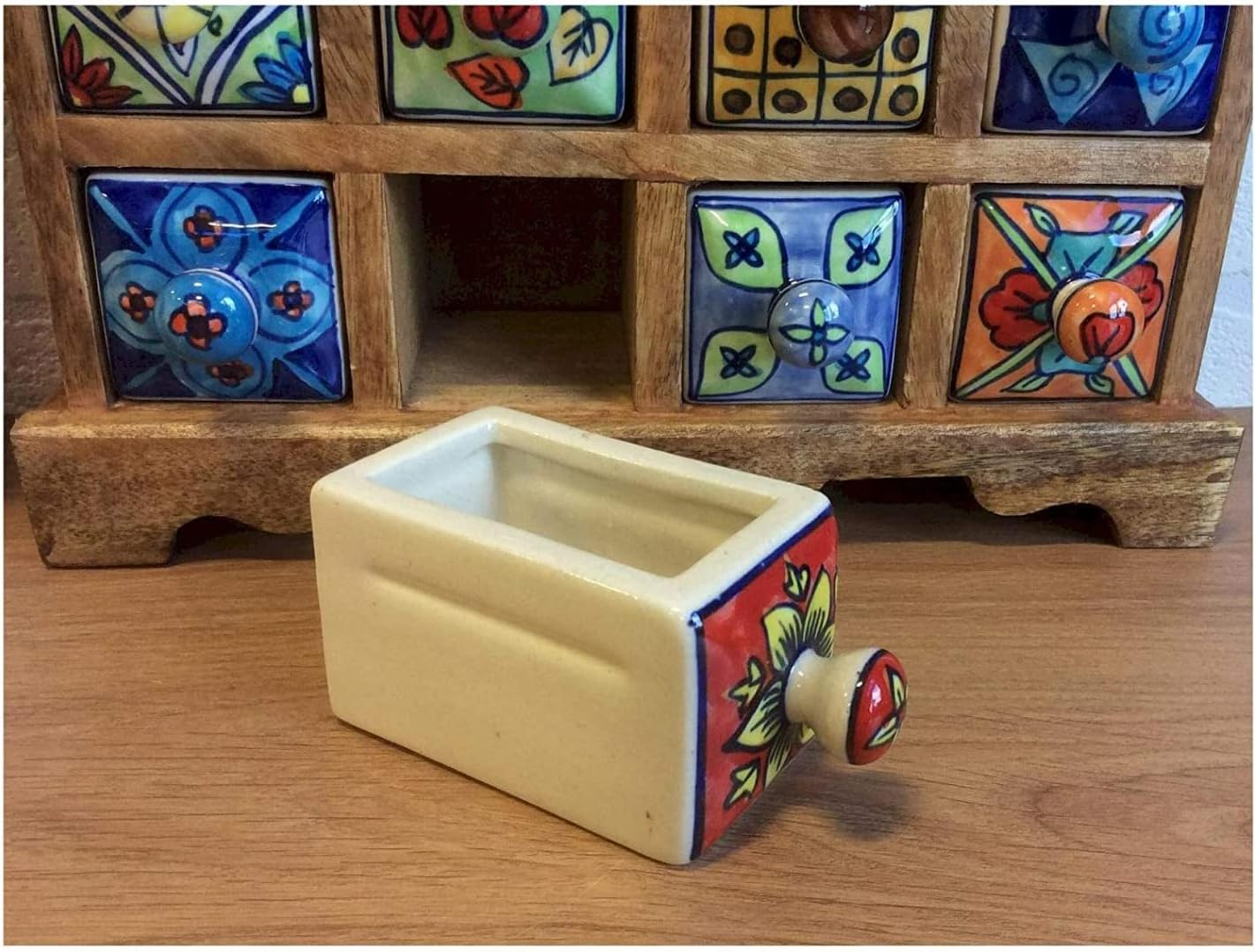 Terrapin Trading Fair Trade Mangowood 16 Drawer Hand Painted Indian Ceramic Storage Chest 33cm