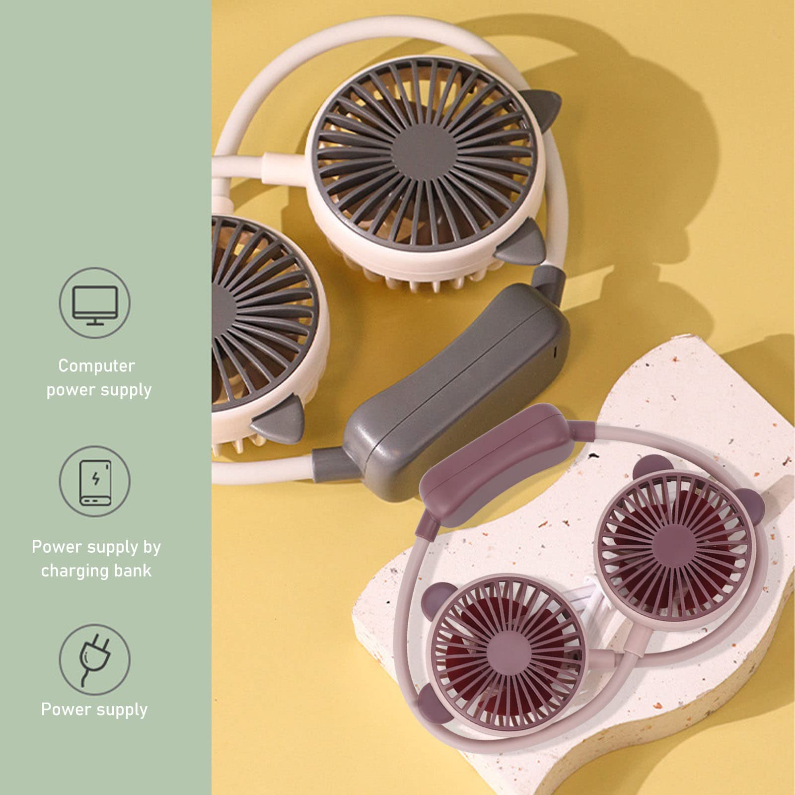 POENVFPO Ventilatore Portatile da Collo, Ventola Sospesa Indossabile Rotante a Doppia Testa a 360° con Tubo Flessibile Pieghevole e 2 velocità per Ufficio, Viaggi, attività All'aperto (WHITE)