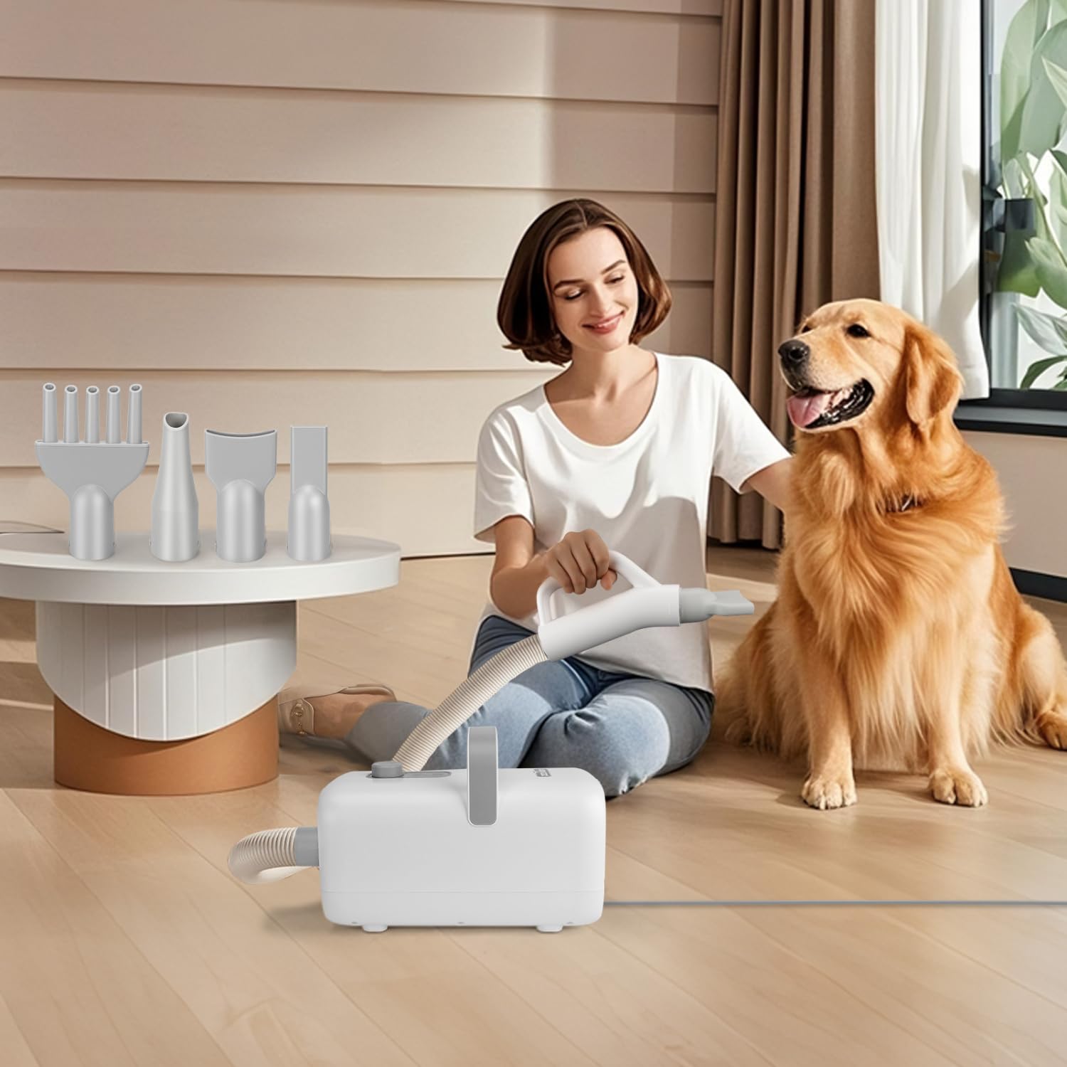 Nobleza Séchoir Professionnel pour Chiens et Animaux de Compagnie avec 4 Embouts, Vitesse/Température Réglables, Tuyau et Brosse Inclus, Faible Bruit