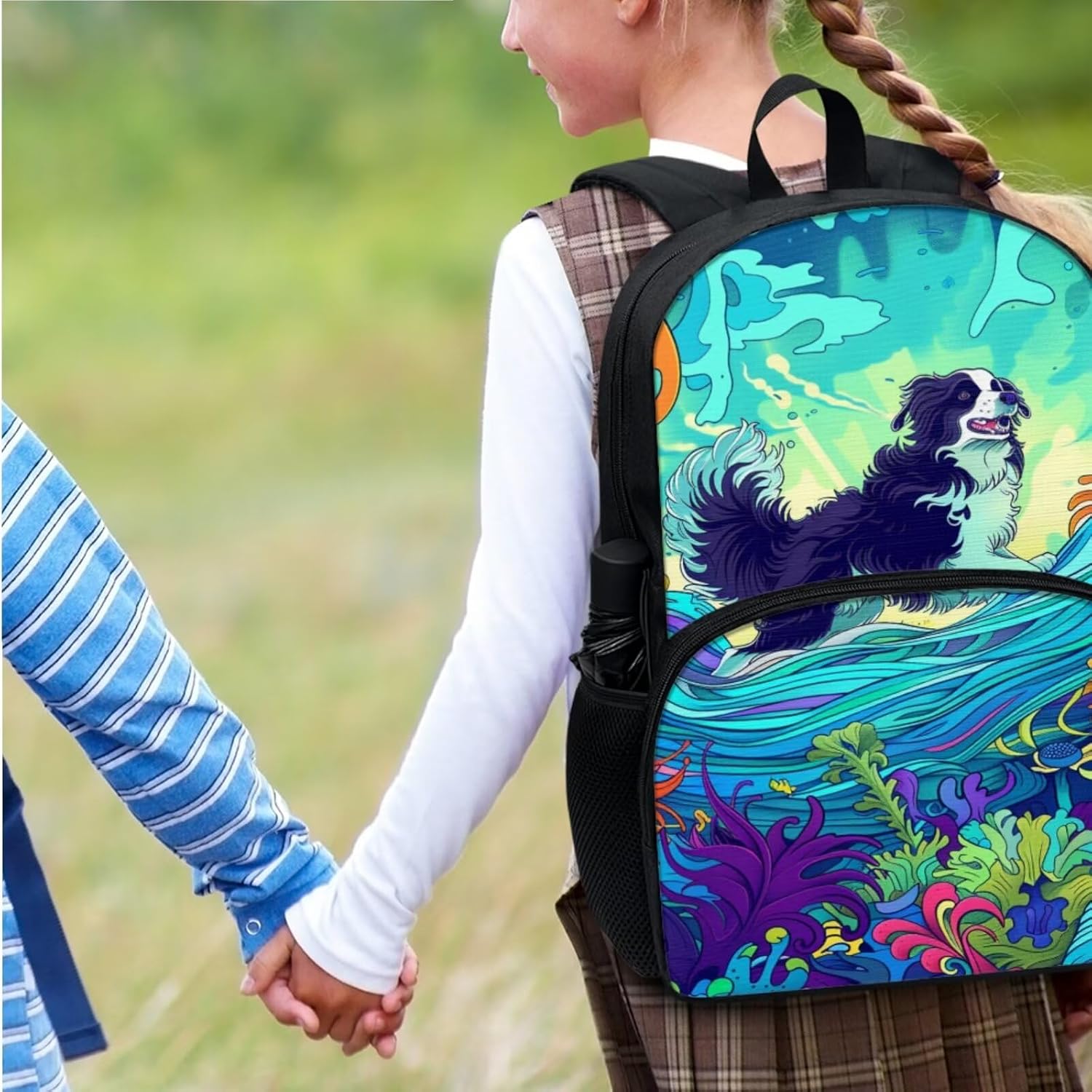 Modysero 17 Inch Large Capacity Border Collie Kids Backpack with Lunch Bag 2 Pcs for Kids Lightweight Girls Boys Backpack Set