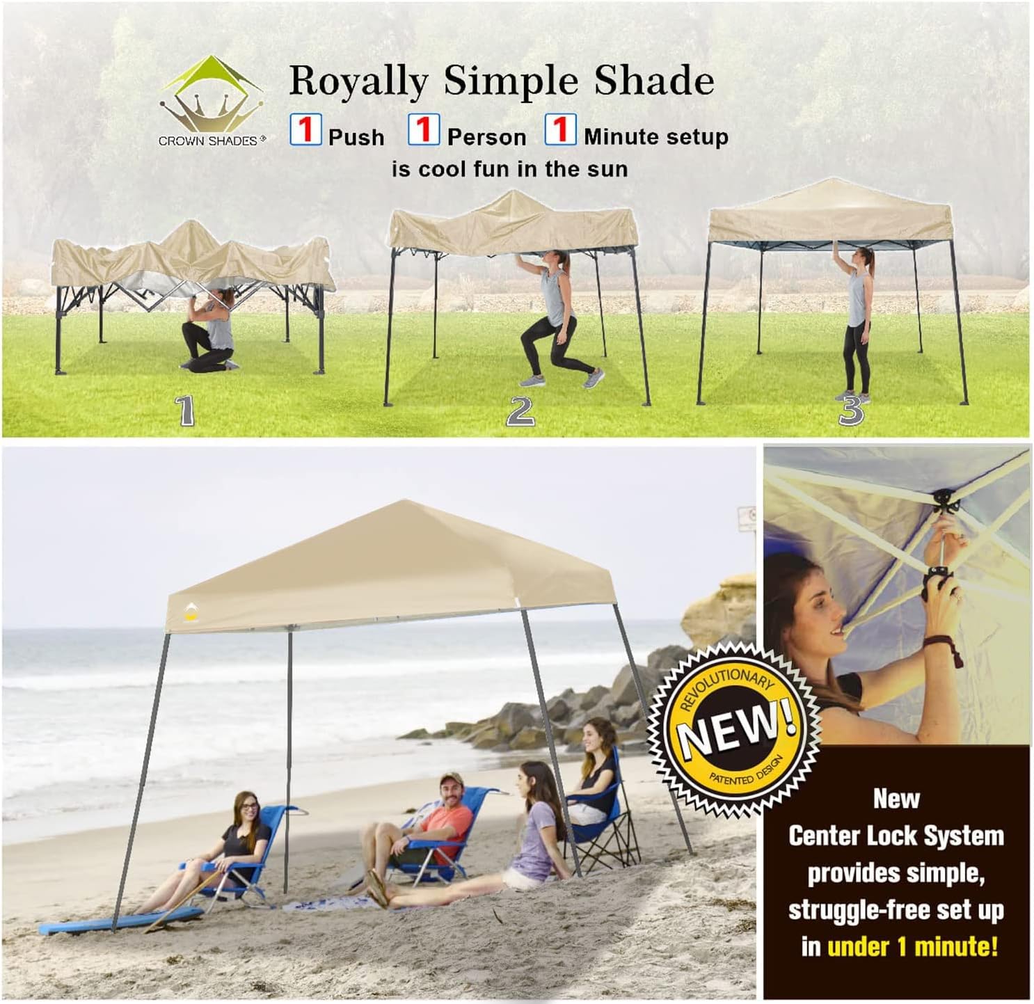CROWN SHADES Patented 10ft x 10ft Base and 8ft x 8ft Top Slant Leg Outdoor Pop up Canopy Instant Folding Canopy with Carry Bag, Beige