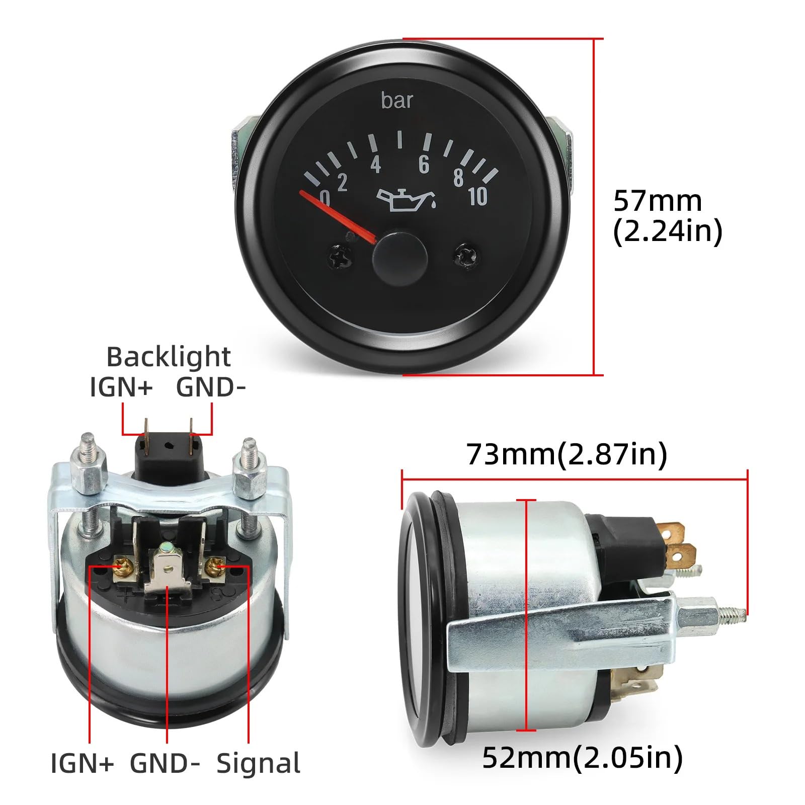 Indicador LED de 52mm for Coche, medidor de presión de Aceite de 0~10 Bar, indicador sin presión de Aceite, Apto for generador de Coche DC24V Personalizado