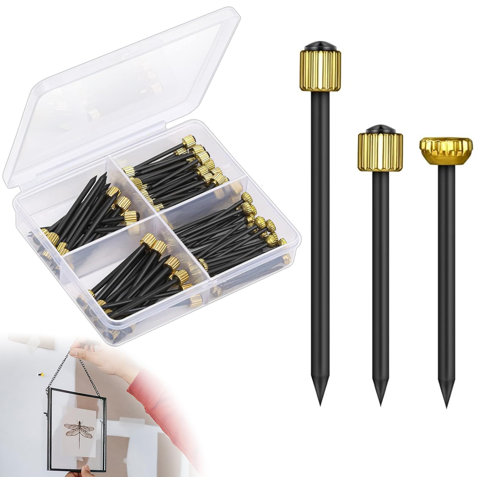 Chiodi Per Cartongesso Set 150 Chiodi Per Quadri In Acciaio Con Testa In Ottone - 3 Misure (1.3mm, 1.4mm, 1.8mm), Con Scatola Portatile Chiodi Appendere Quadri Senza Forare