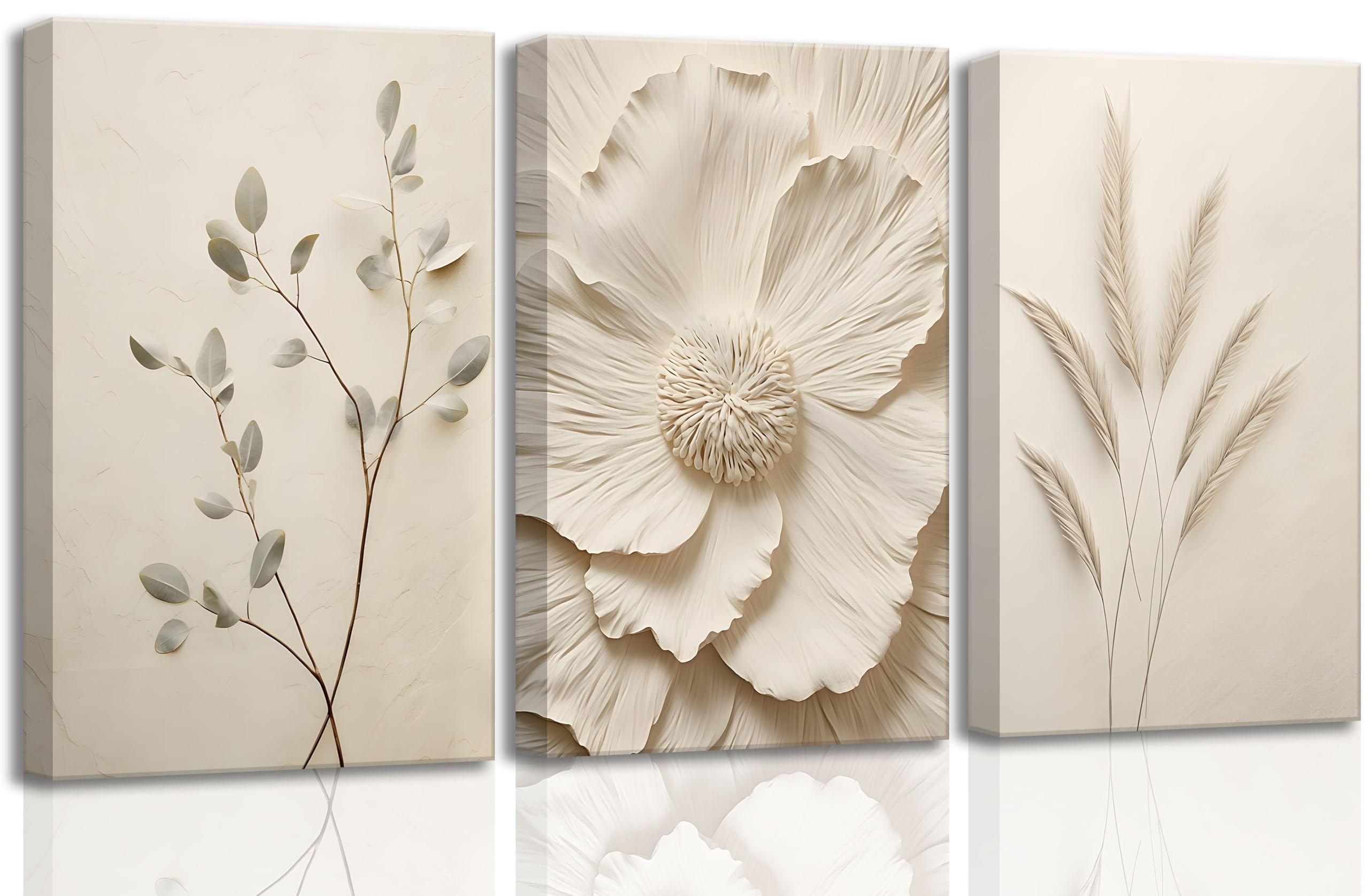 3Pcs Neutral Beige Floral Plant Canvas Wall art Textured Flower Botanical Painting Picture Wall Decor Vintage Blossom Poster Prints for Living Room Bedroom Bath