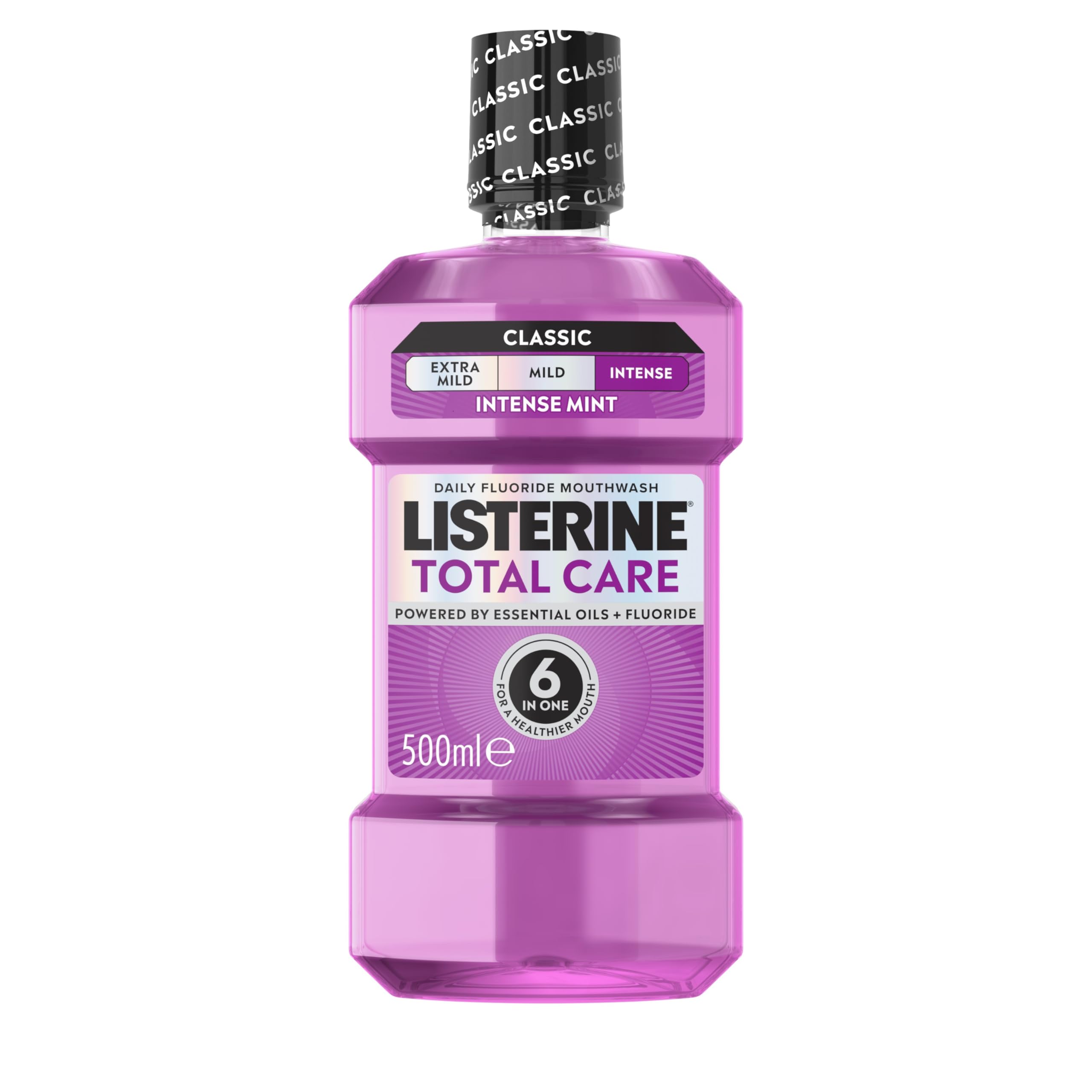Listerine Total Care Intense Taste Classic Antibacterial Mouthwash (500ml), Fresh Mint Blast Flavour with 6-in-1 Benefits, Helps Reduce Plaque and Freshens Breath