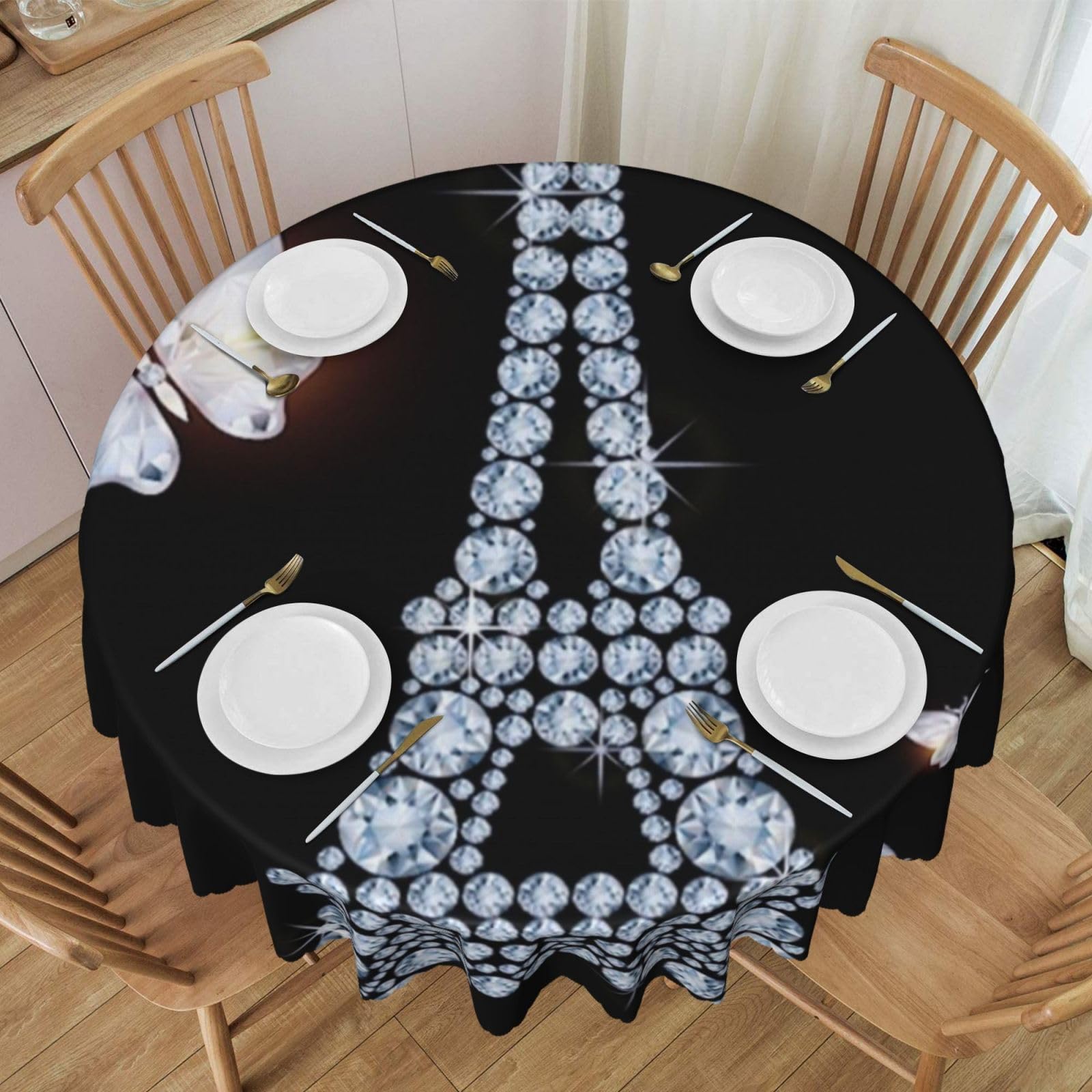 DCEHGEW 60 In Round Tablecloth with Lace, Eiffel Tower Printed Oilproof & Washable Fabric Picnic Table Cloth Table Covers